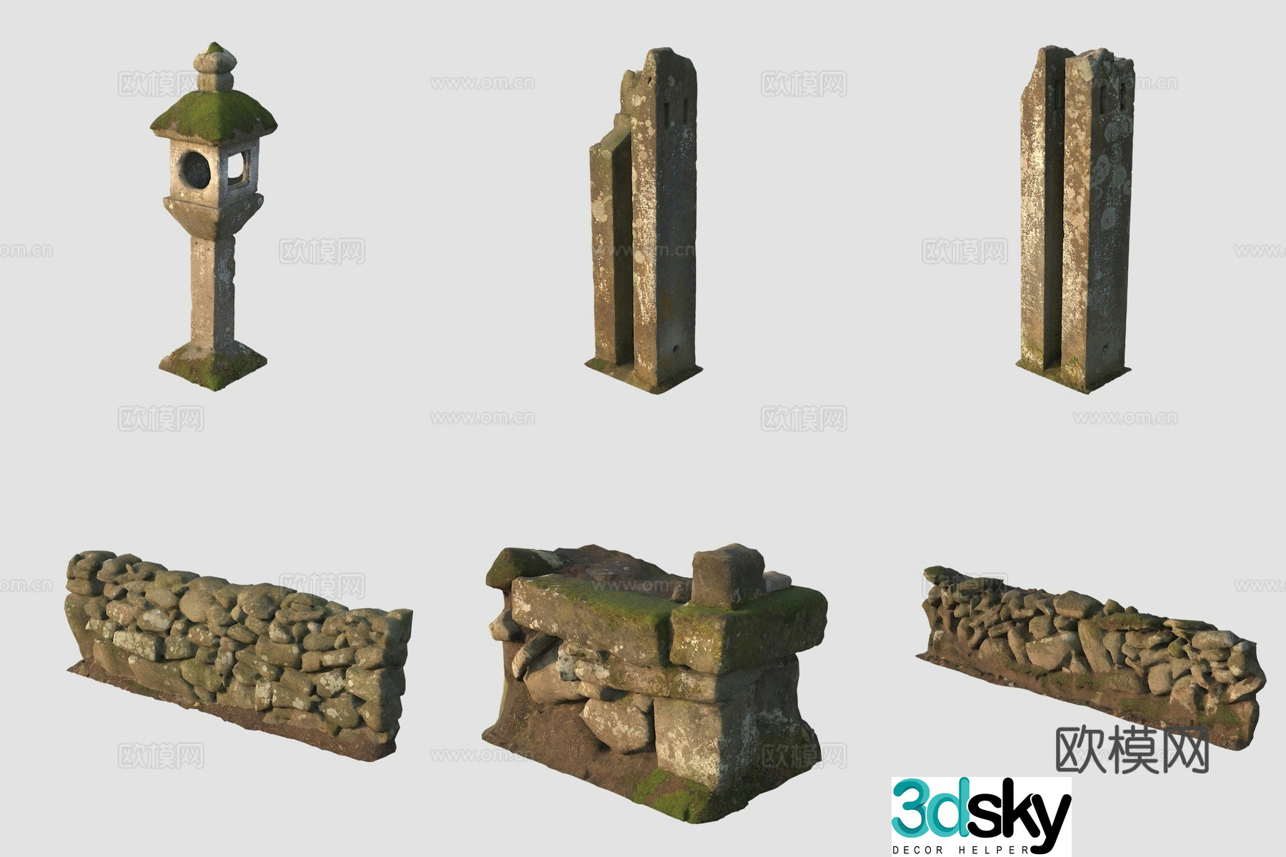 Ancient stone carving stone pillars and stone stele stone bridge steps railing 3D model