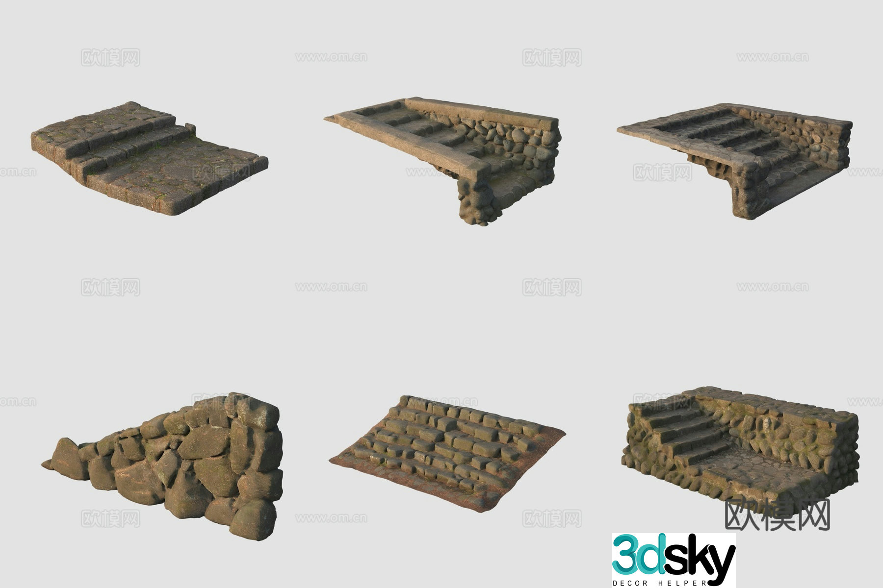 Ancient stone steps bluestone slab road fence 3D model
