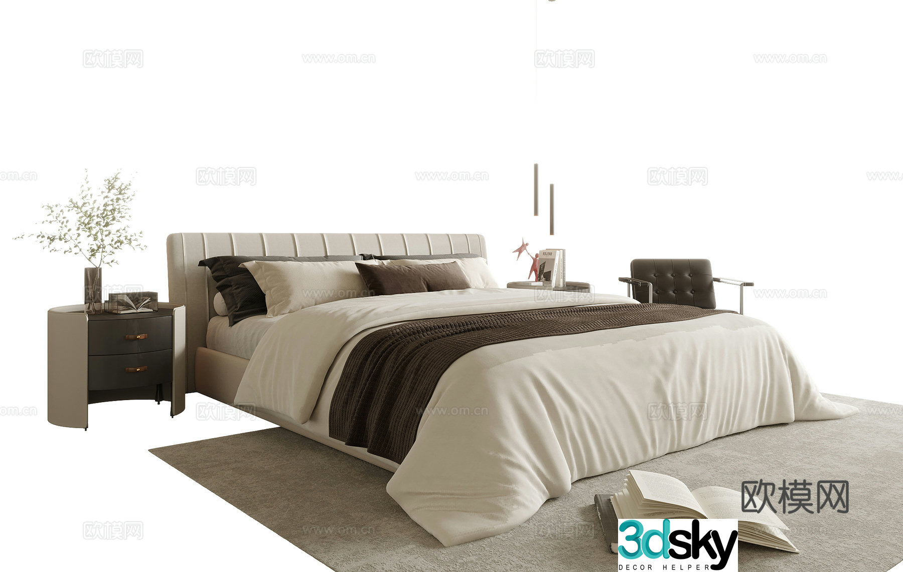 Modern double bed bedside table bedding 3d model