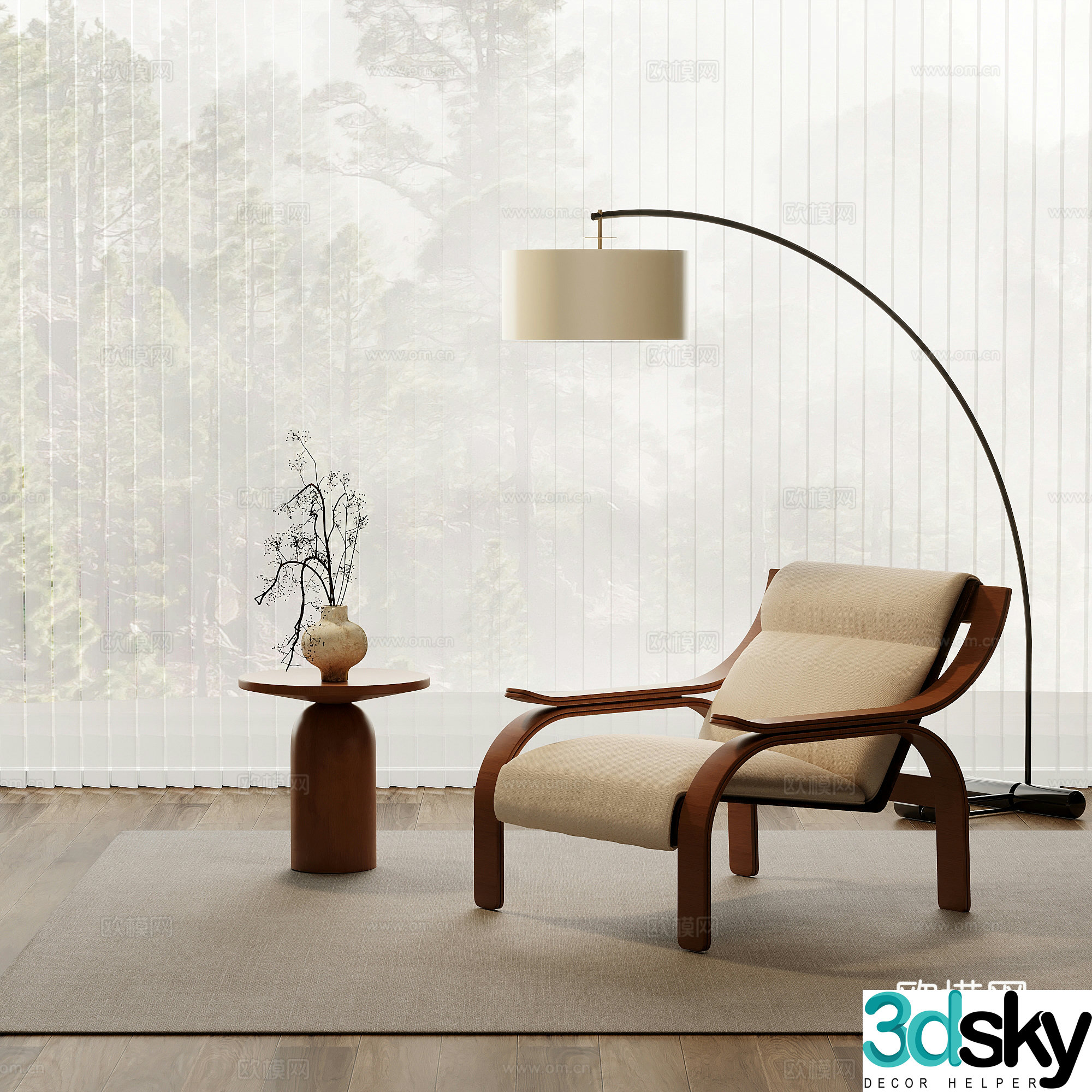 Recliner medieval style leisure chair side table floor lamp 3d model