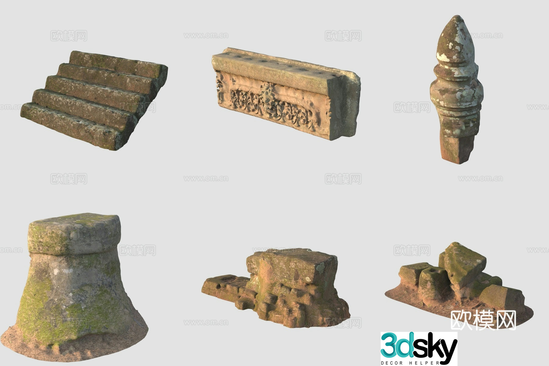 Ancient stairs stone carving stone pillars 3D model