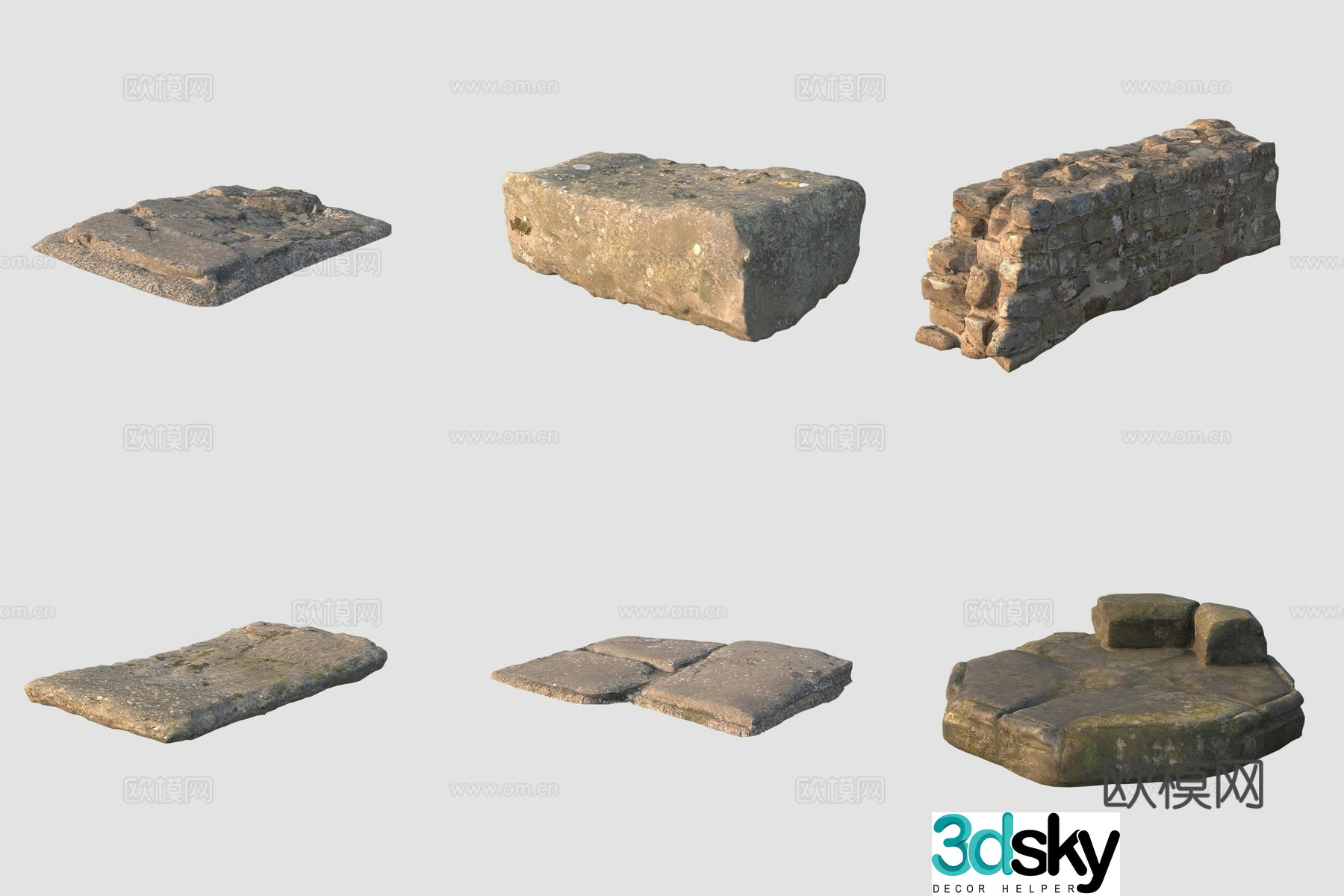 Ancient bluestone slab road fence large stone 3D model