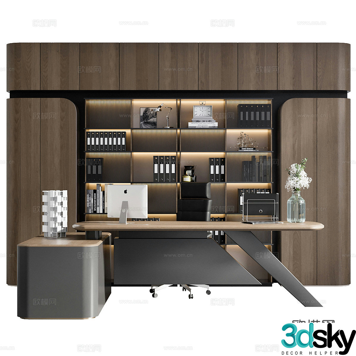 Modern Italian light luxury office desk and chair Office bookcase 3D model