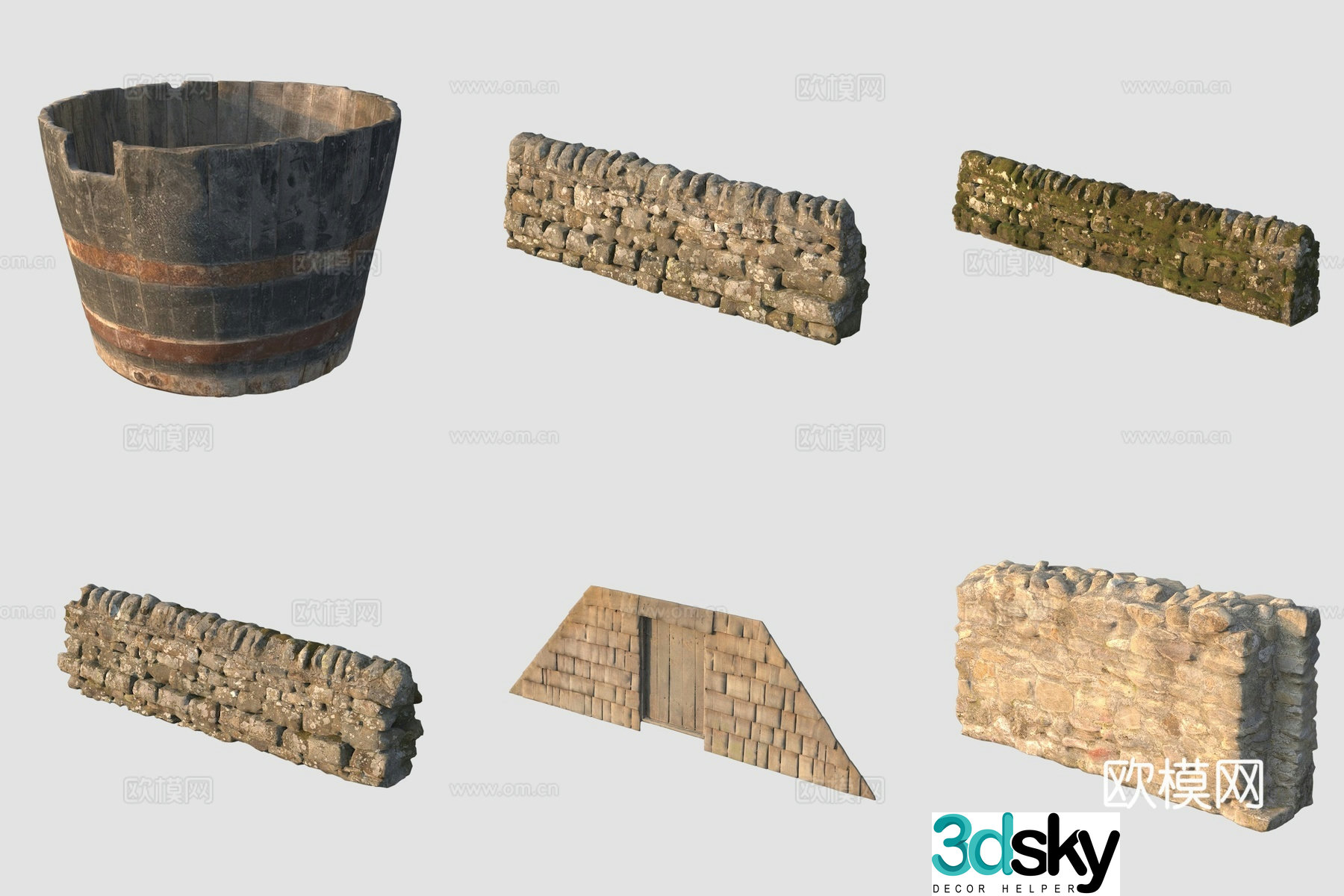 Ancient wooden barrel stone fence 3d model