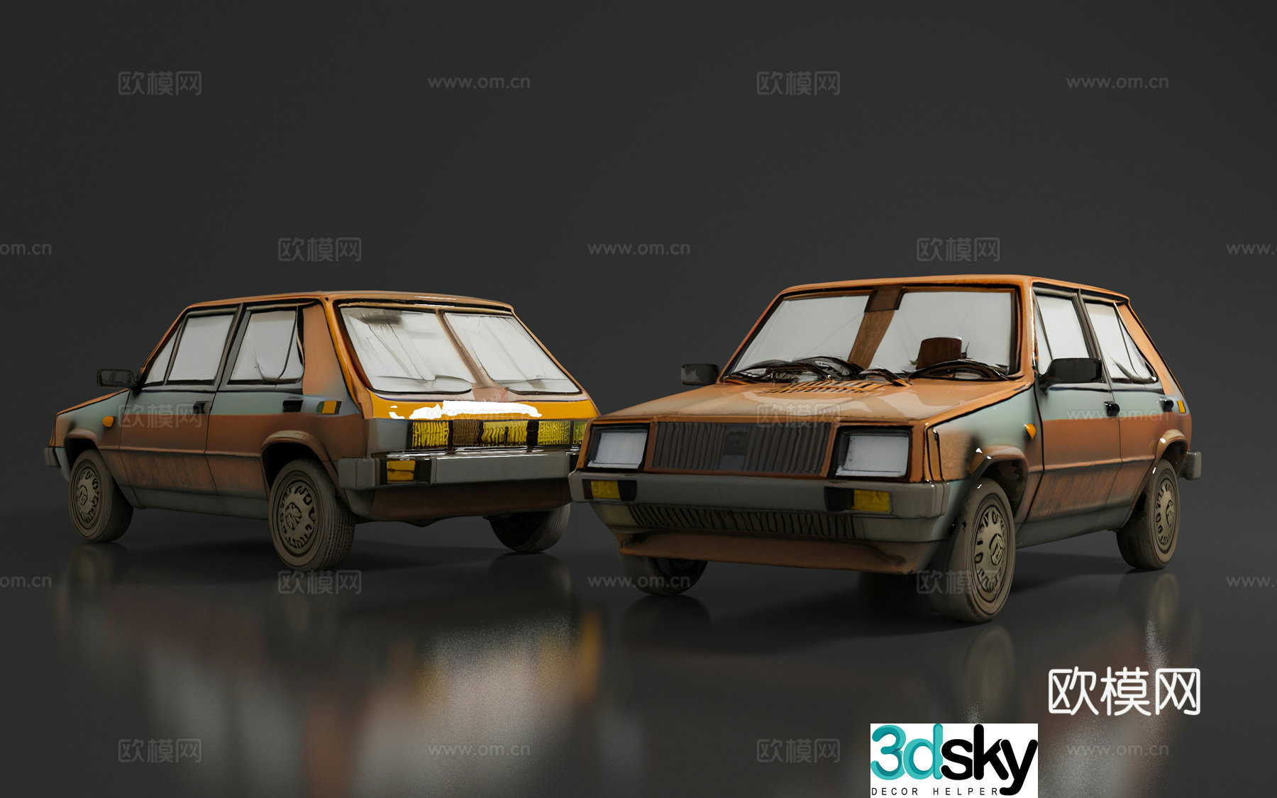 Scrap cars, retro cars, cartoon style, motor vehicle tools, furnishings, props and display 3D model