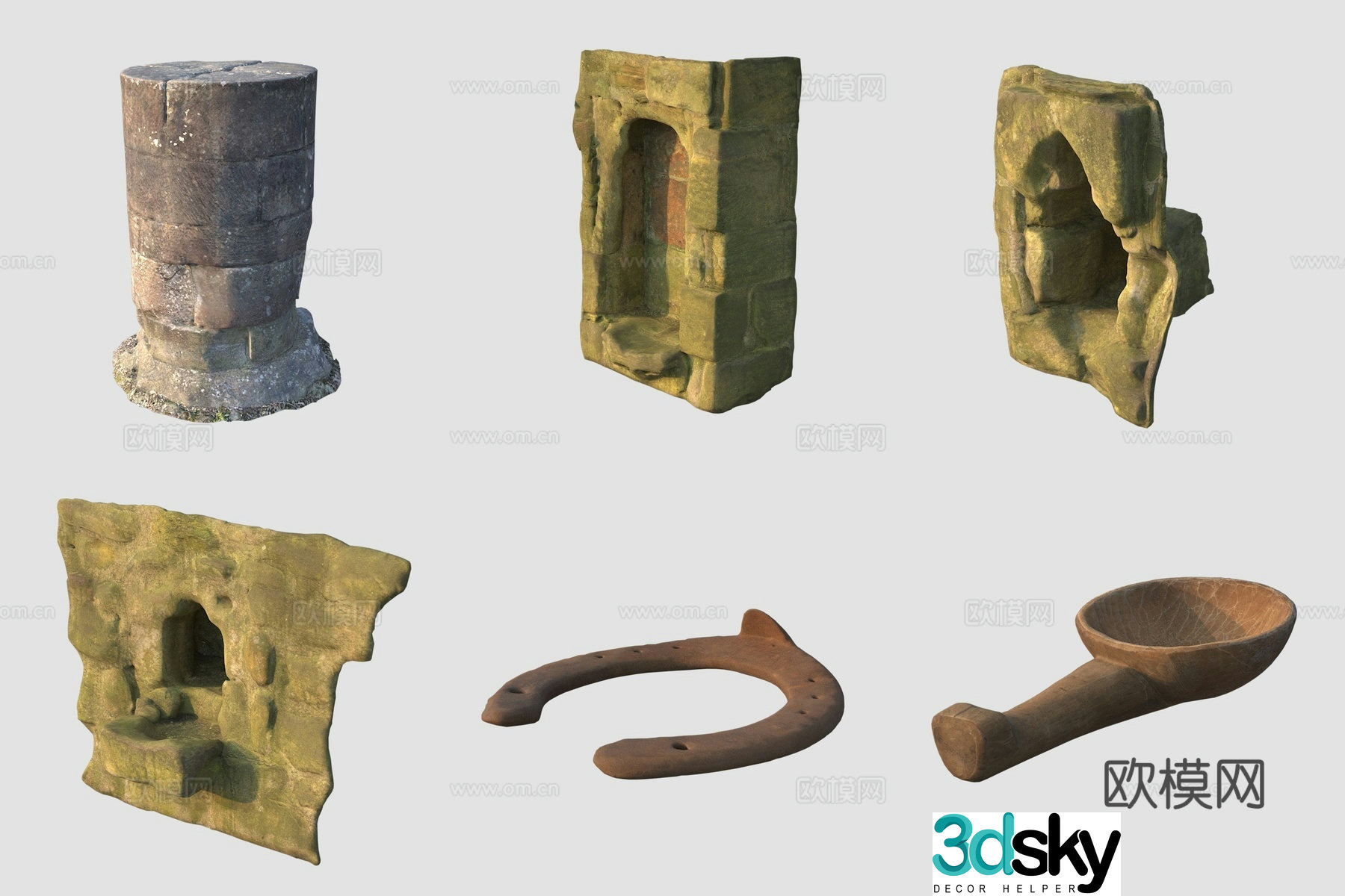 Ancient stone pillars wood water scoop stone wall 3d model