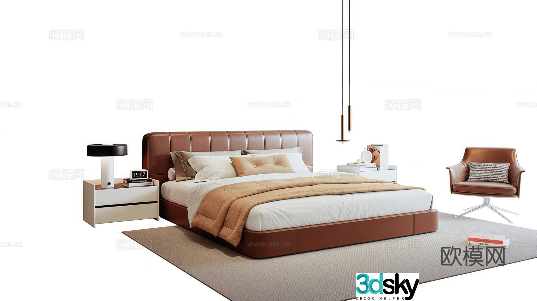 Italian light luxury double bed bed nightstand leather bed fabric bed 3D model