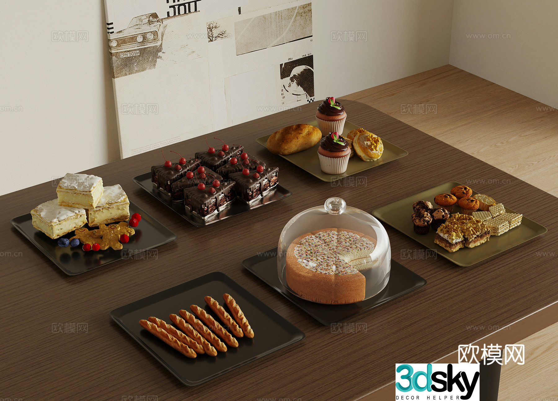 Modern wine and food pastry cake dessert 3d model