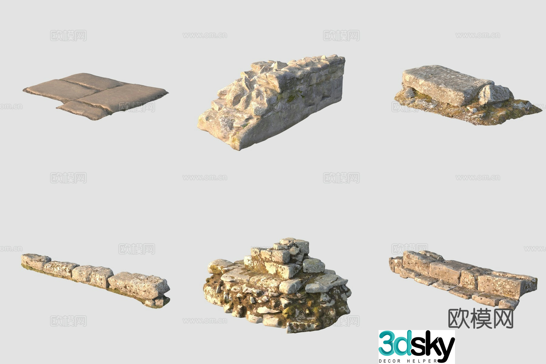 Ancient bluestone slab road fence curb 3D model