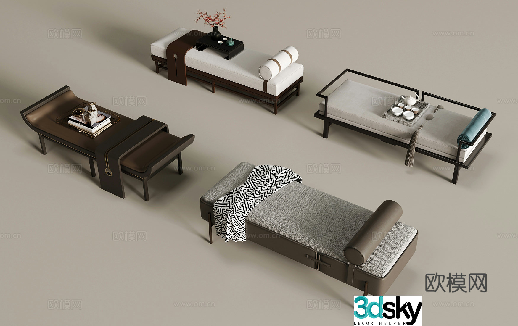Bed tail stool New Chinese style bed stool 3D model