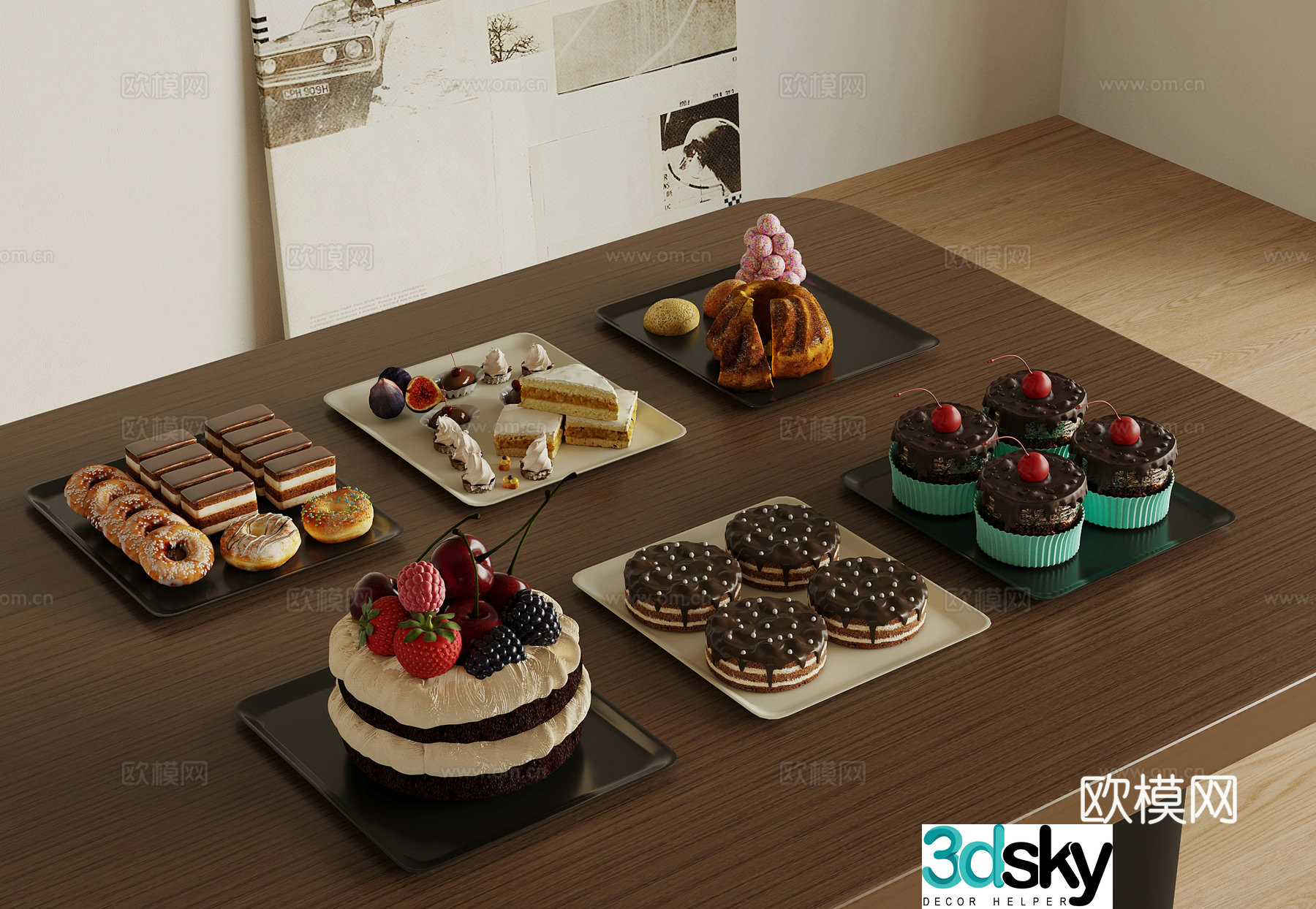 Modern wine and food pastry cake dessert 3d model