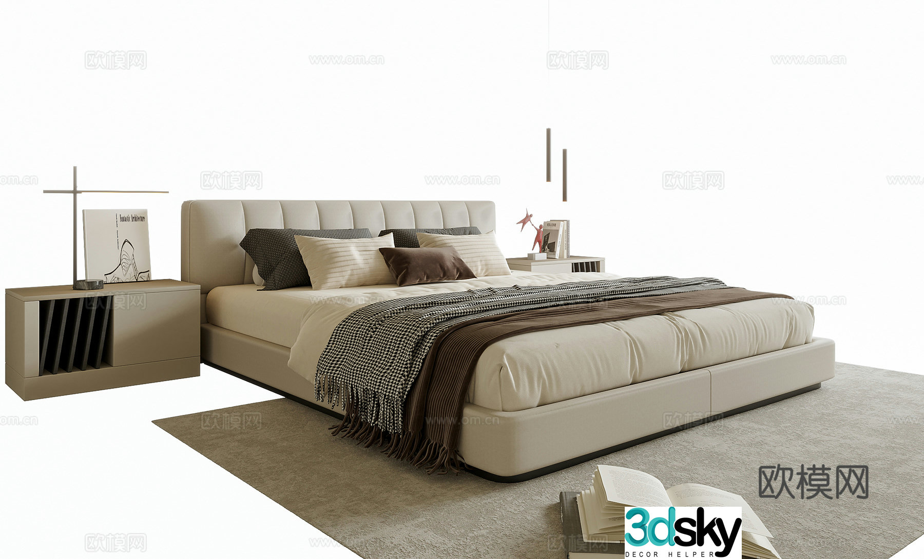 Modern double bed bedside table bedside chandeliers 3d model