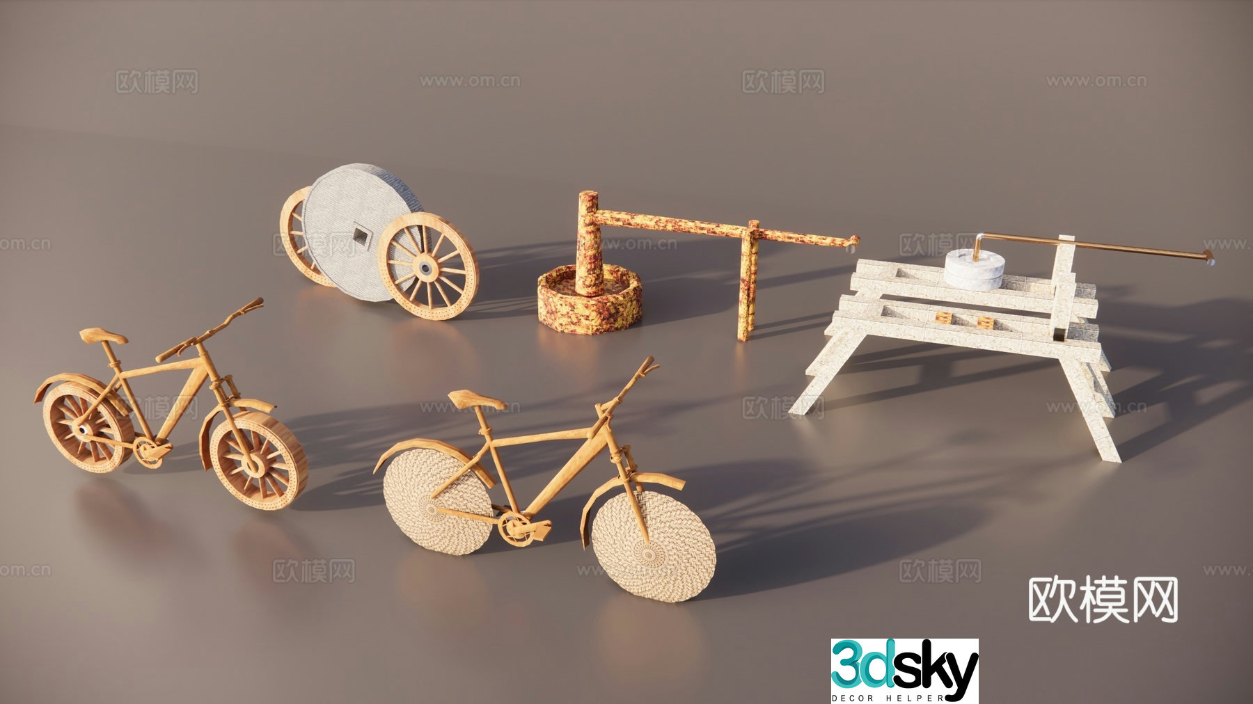 Chinese-style rural farm tools transformation rural bicycle farm tools on the wall farm tools landscape sketch ecological landscape 3D model