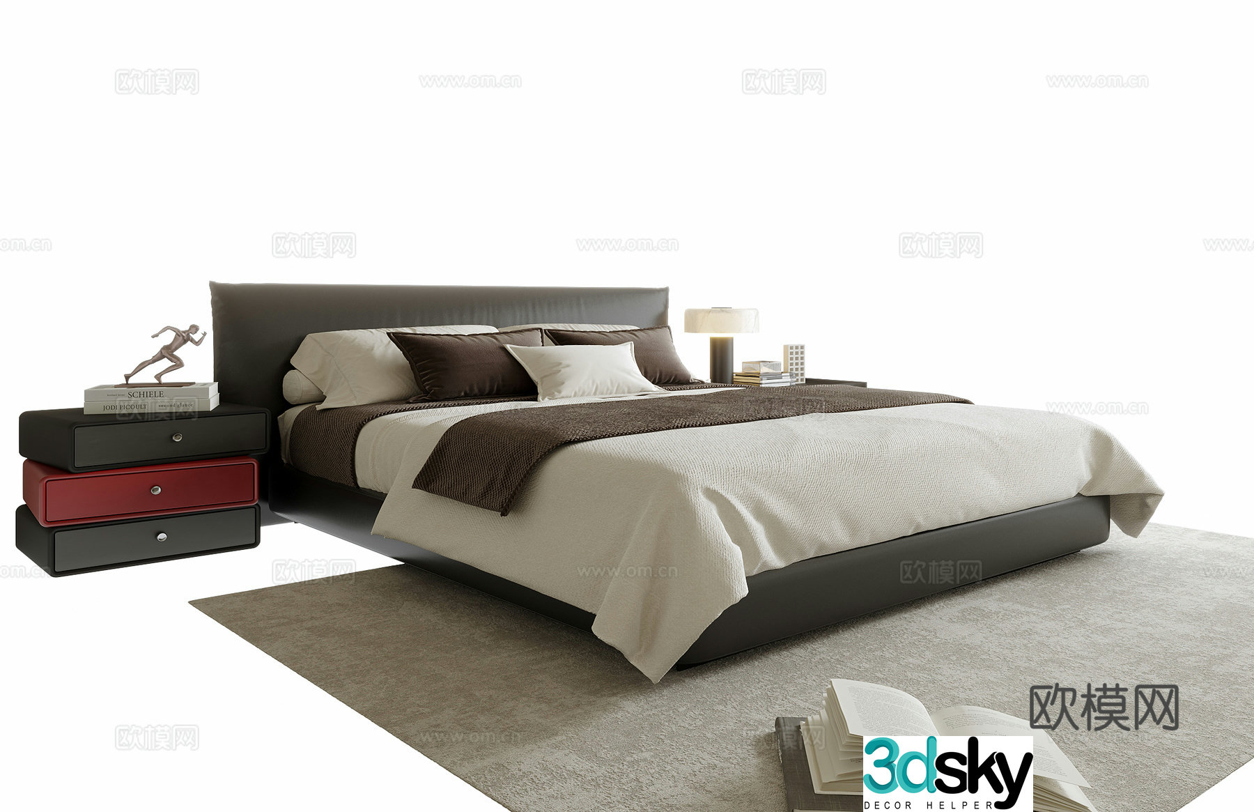 Modern double bed bedside table bedding 3d model