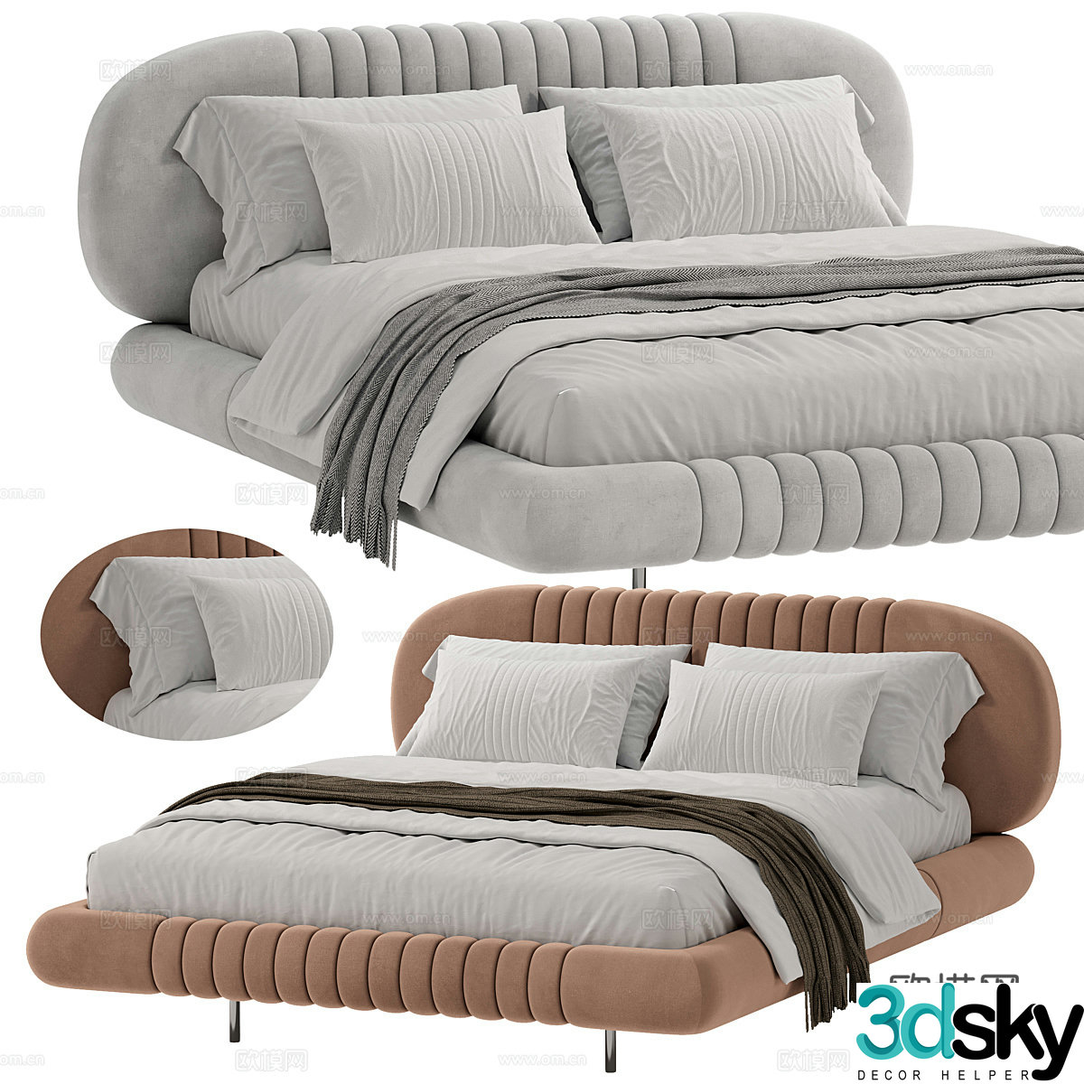 Modern cream style fabric double bed 3d model