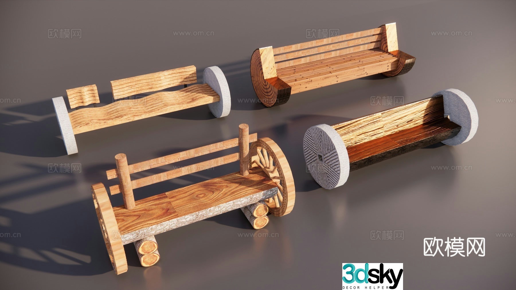 Chinese-style rural original ecological seats Rural landscape seats Farm tool landscape sketch Stone mill seat landscape 3D model