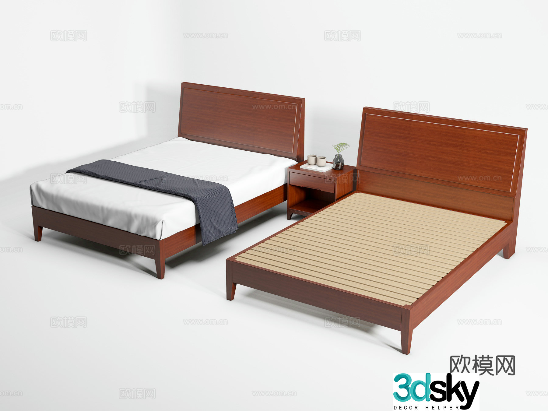 Modern single bed Hotel single bed Simmons bed B&B solid wood single bed Bed and breakfast bedside table 3D model