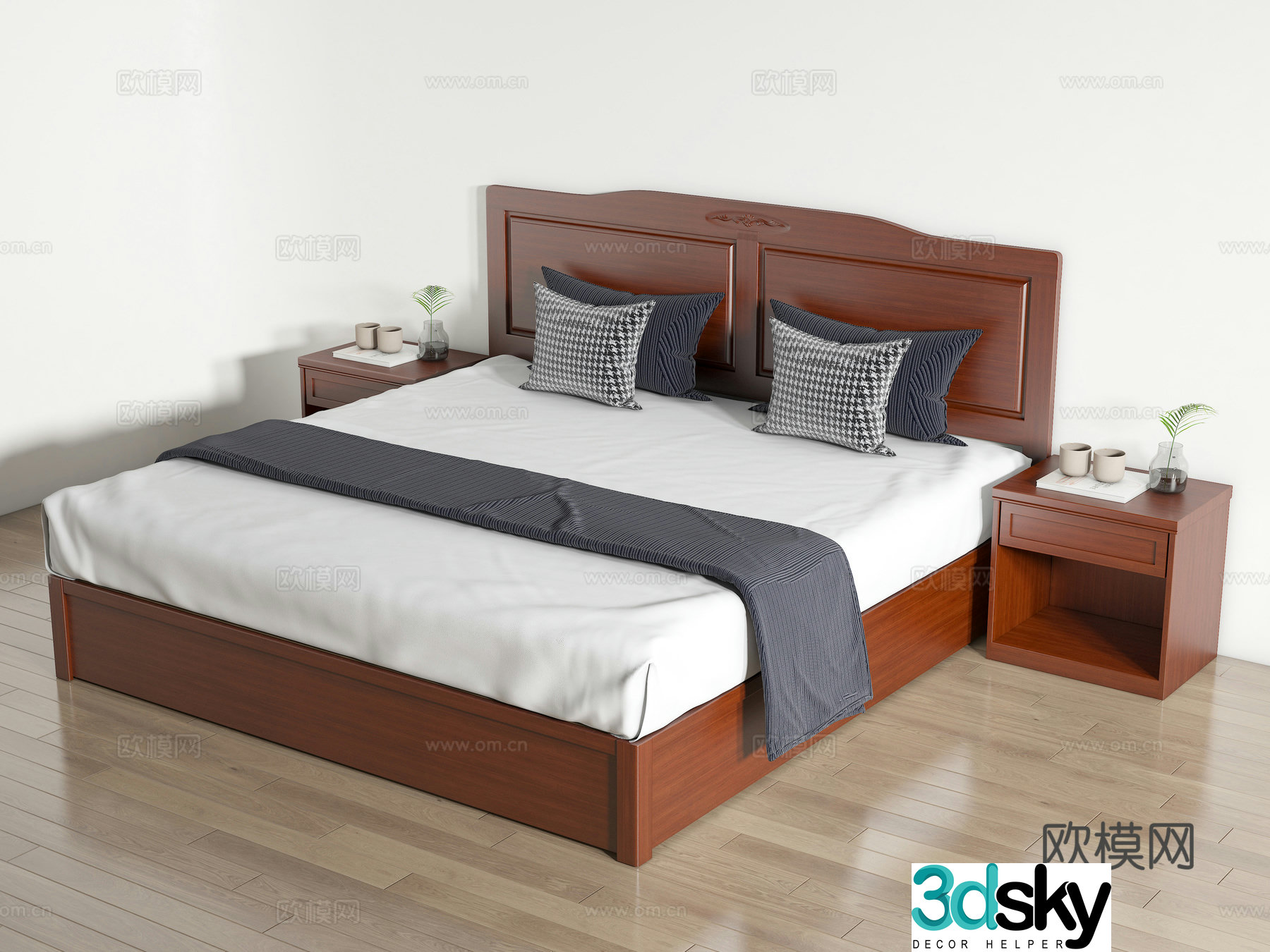 Modern solid wood double bed bed nightstand solid wood big bed Simmons big bed B&B double bed 3D model