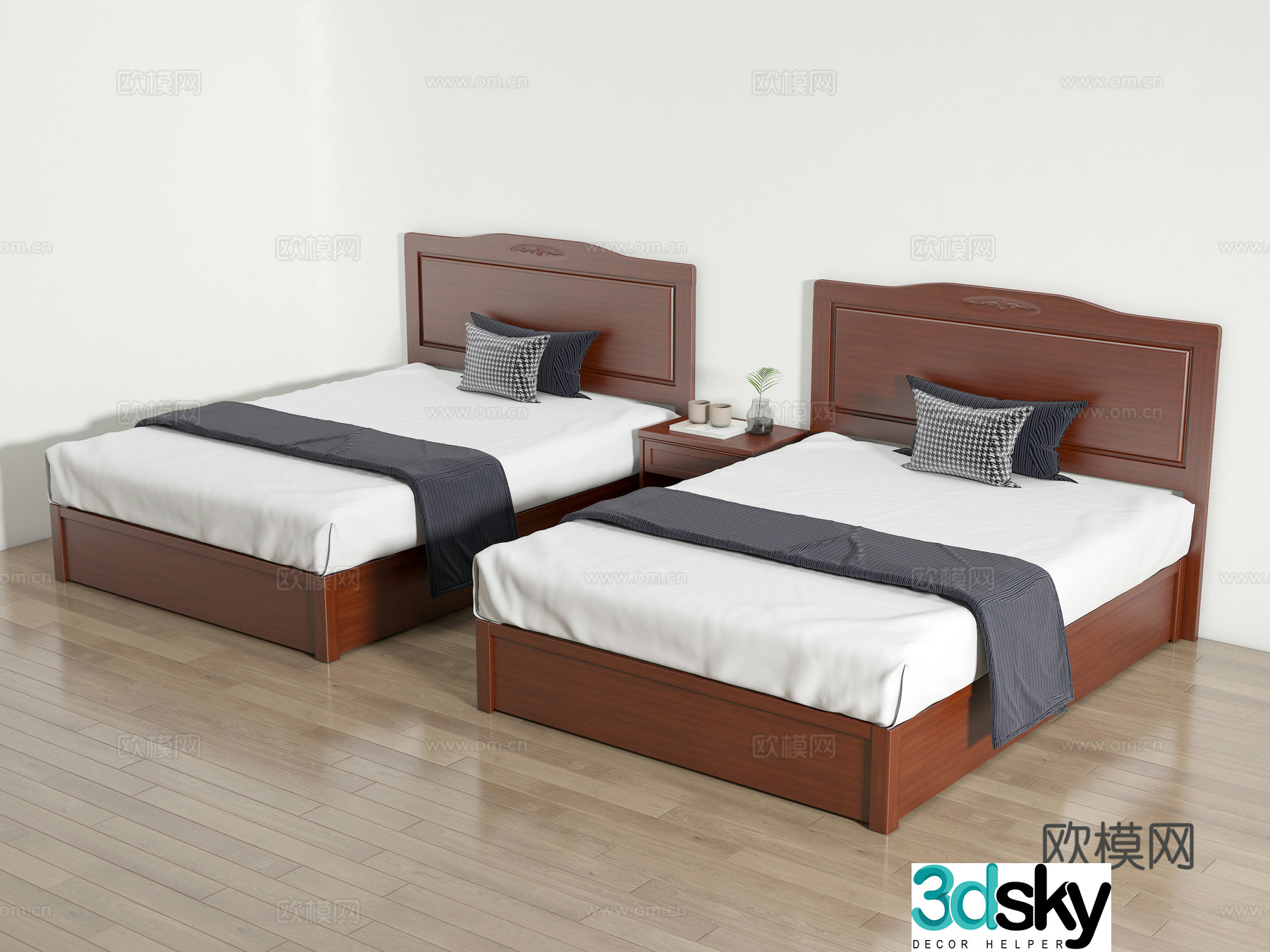 Modern solid wood single bed Hotel bed Simmons single bed Bedside table 3D model