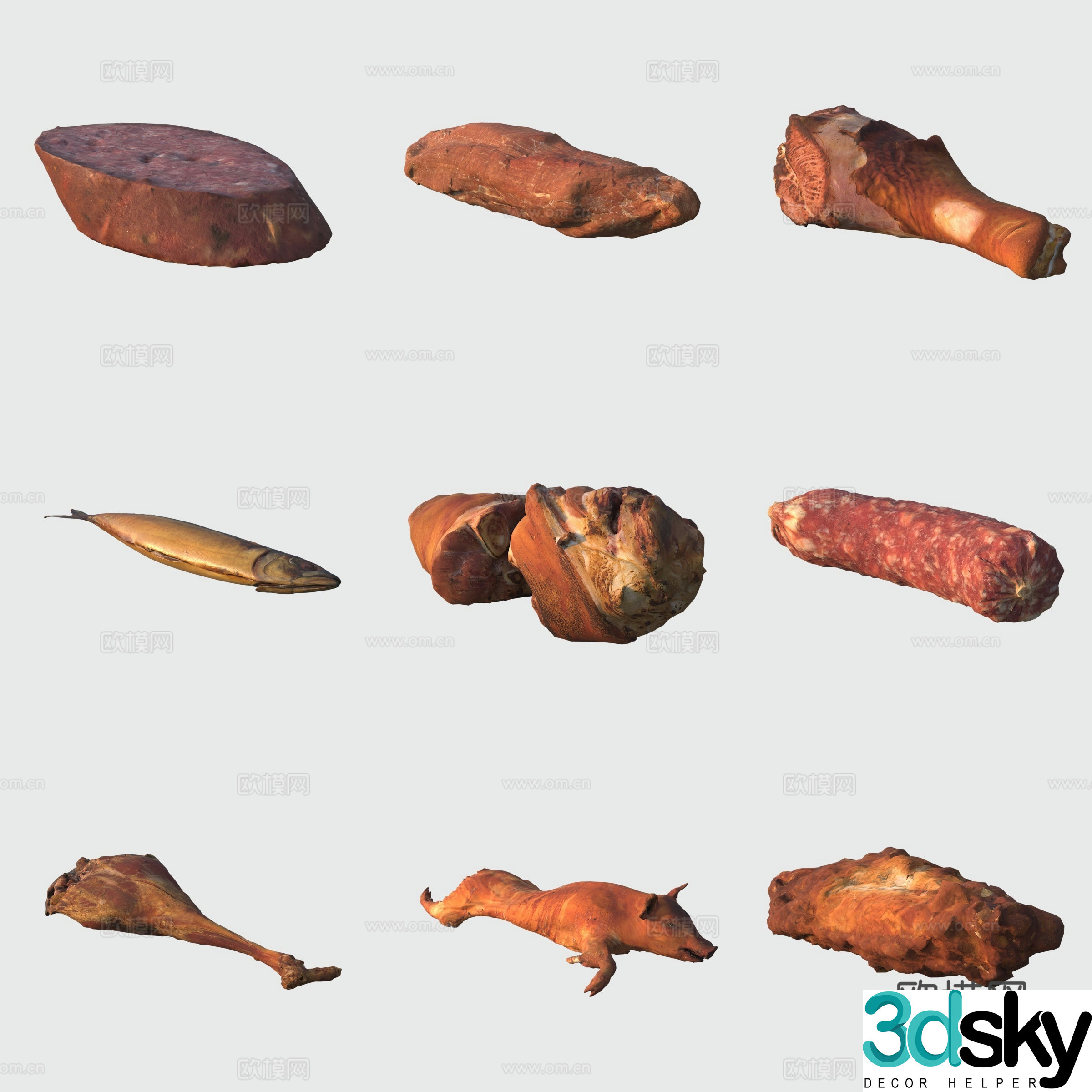 Food smoked sausages bacon ham bacon fish 3d model