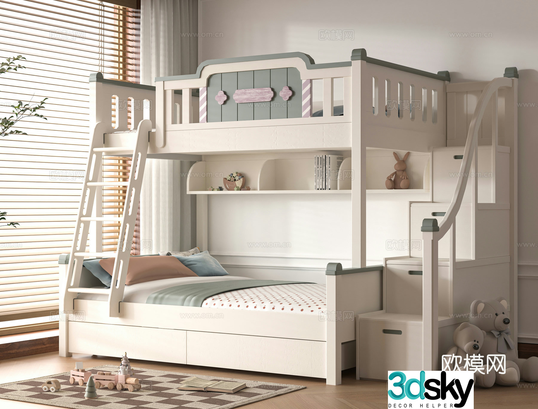 Modern children getting on and off the bed 3d model