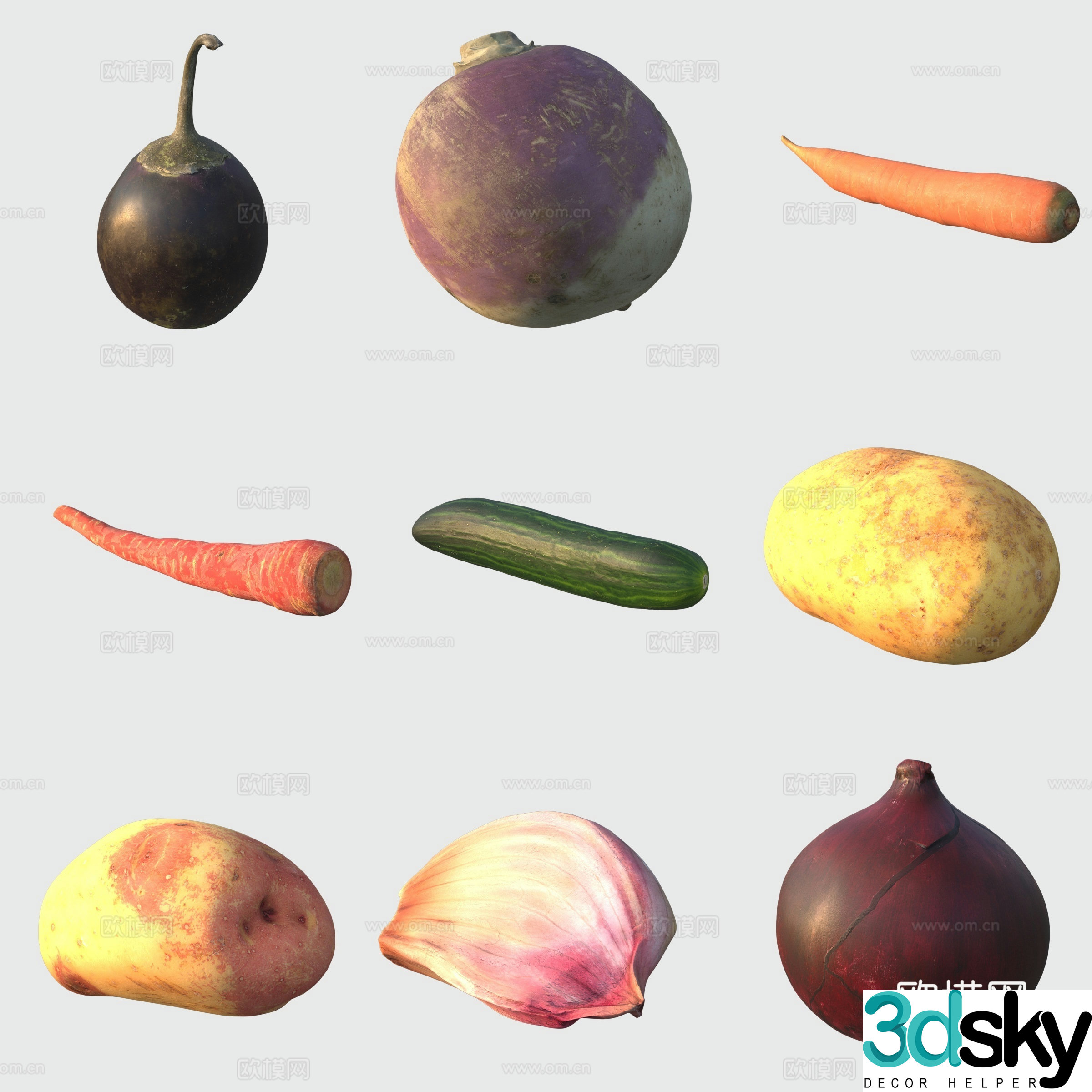 Vegetables carrots cucumbers garlic potatoes eggplant 3d model