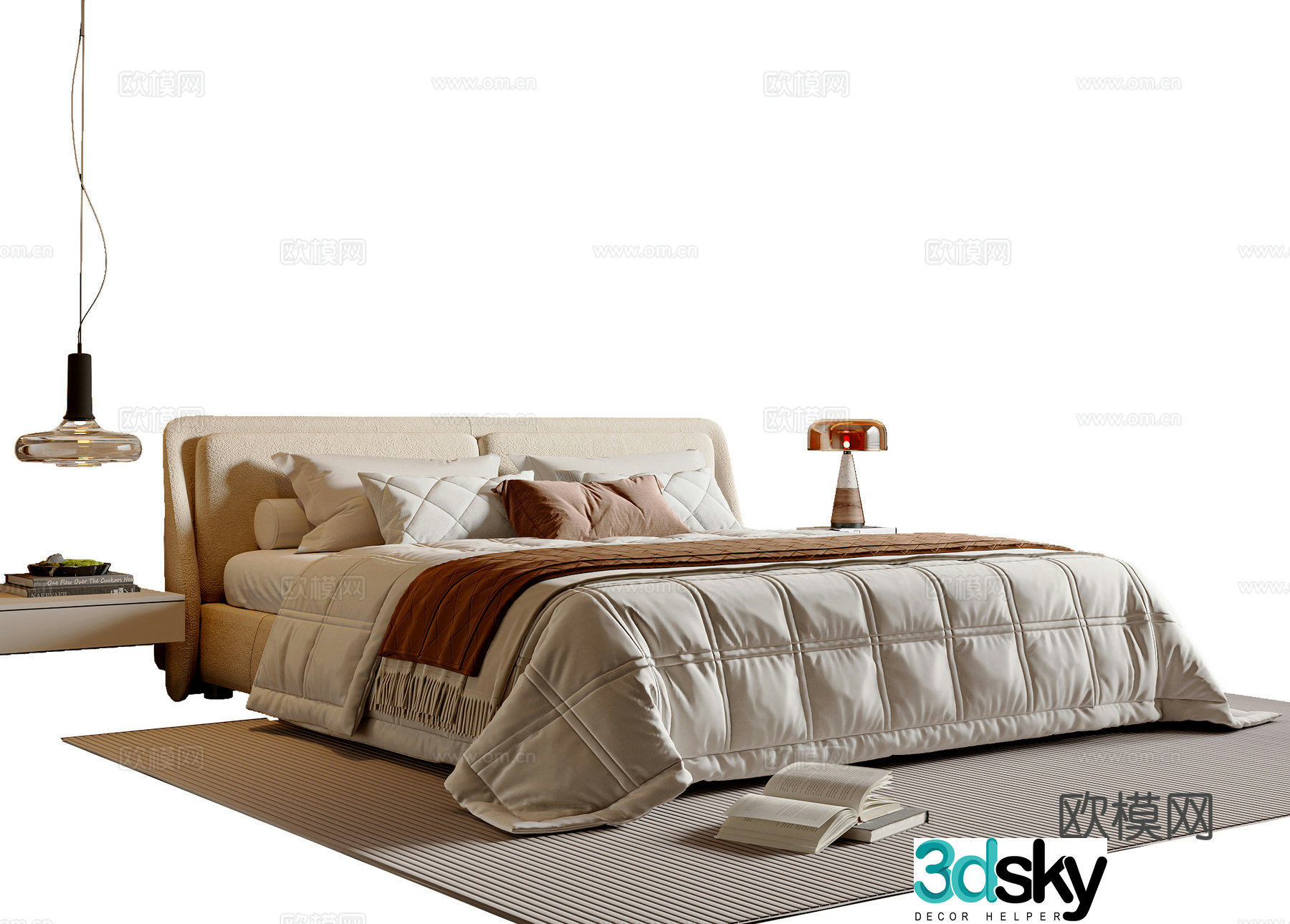Modern simple double bed fabric bed double bed chandelier table lamp 3d model