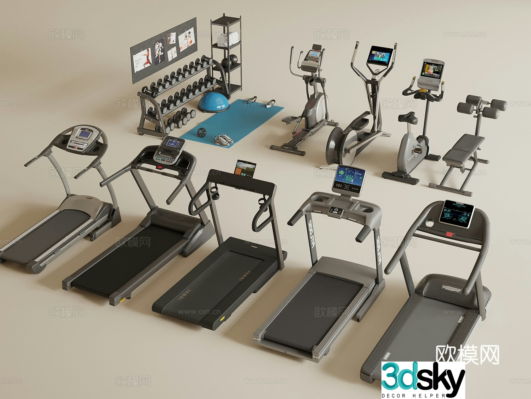 Fitness equipment, sports equipment, treadmill, elliptical machine, home spinning bike, dumbbell, supine 3D model