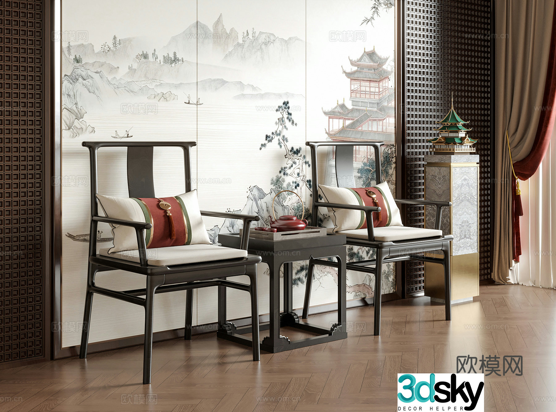 New Chinese style single chair tea chair dining chair leisure chair 3d model
