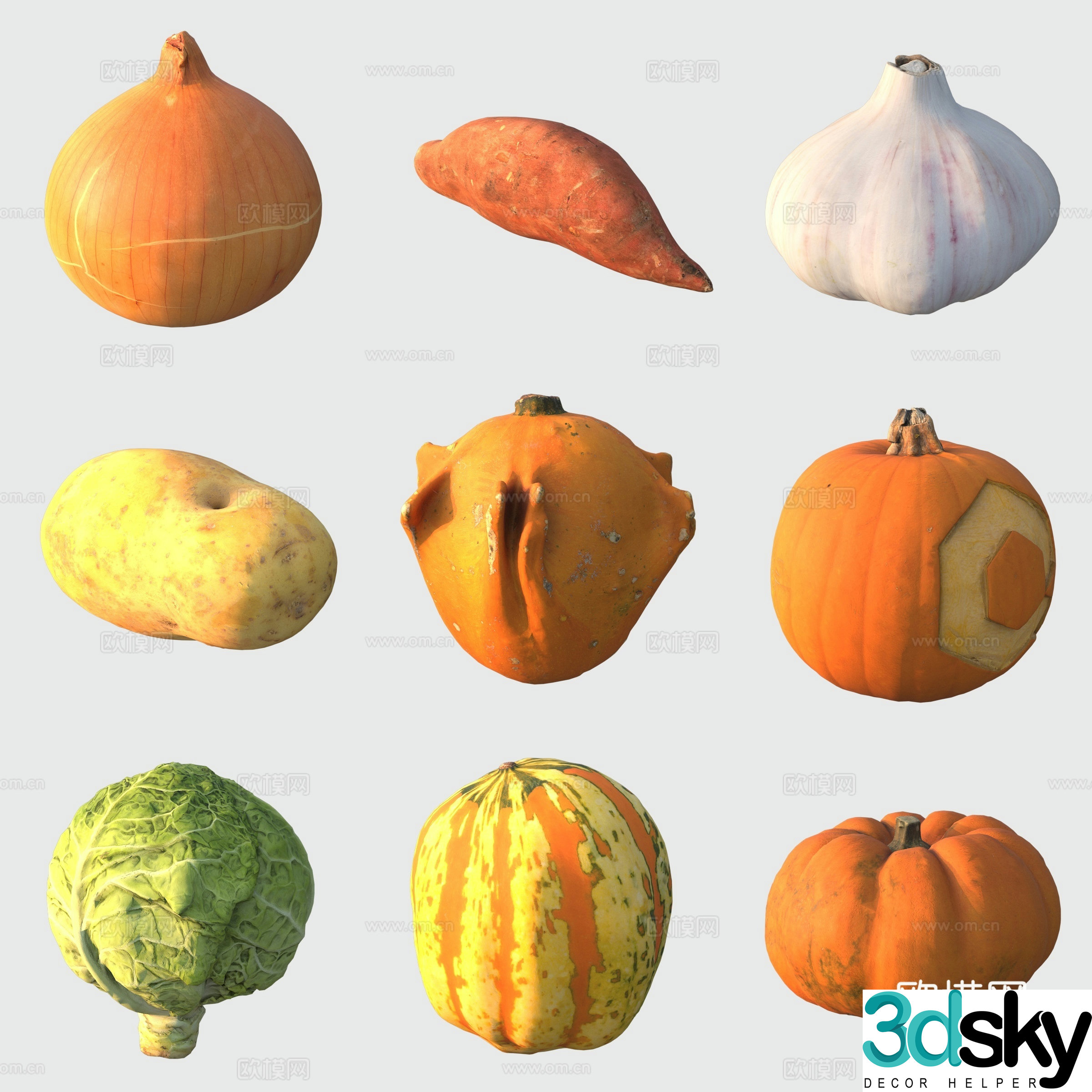 Vegetables garlic potatoes cabbage pumpkin sweet potatoes onions 3d model