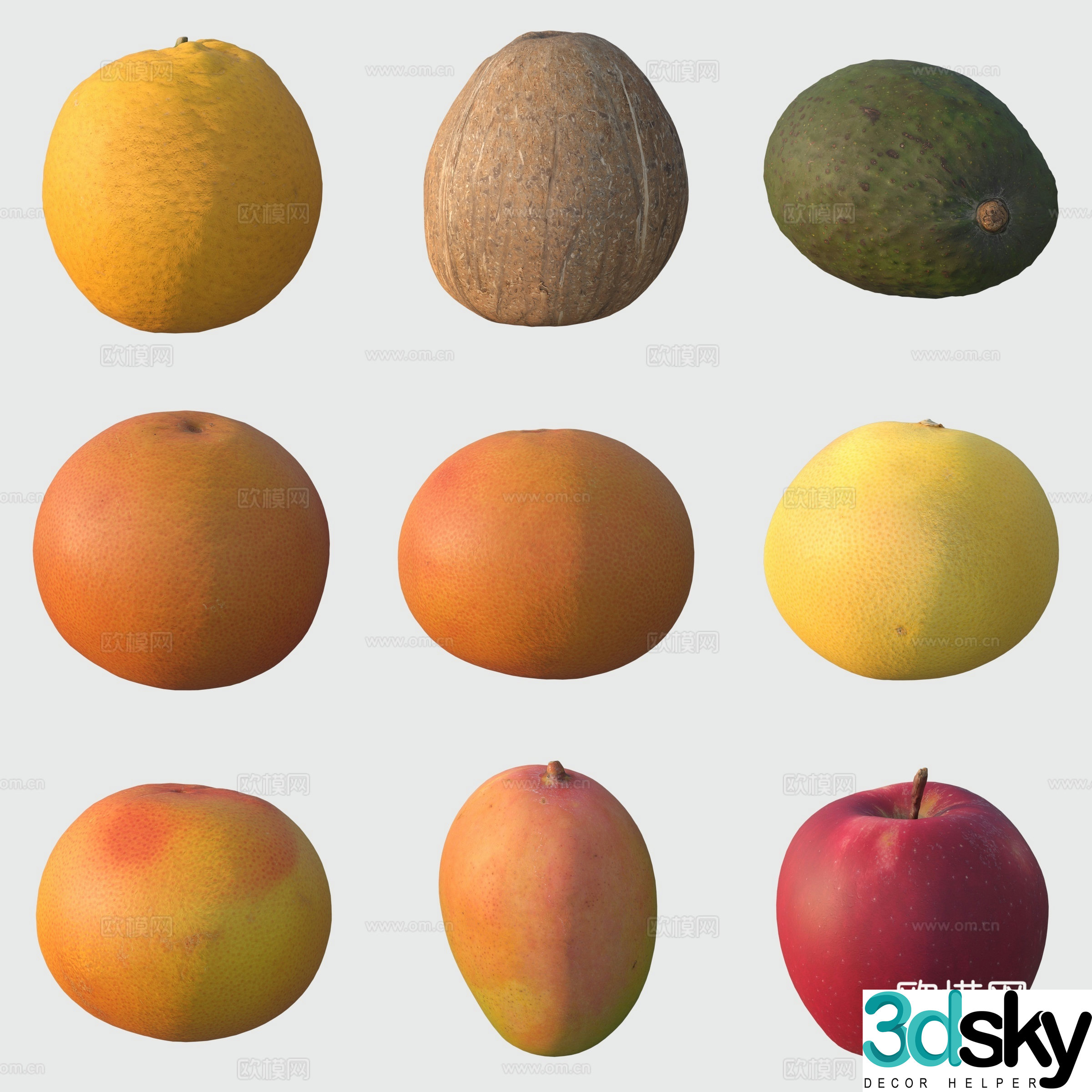 Fruit orange mango avocado apple 3d model