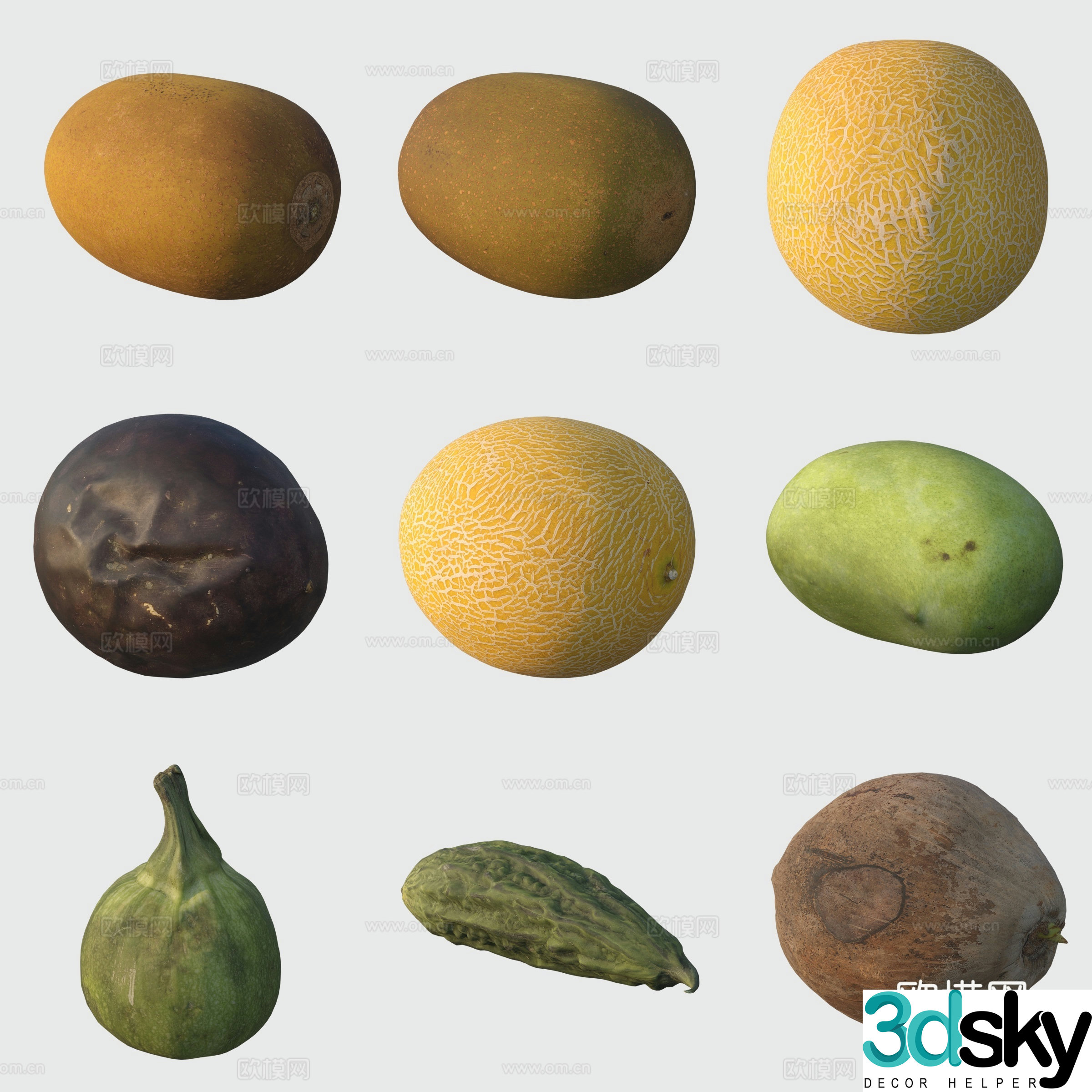 Fruits and vegetables zucchini bitter melon kiwi melon 3d model