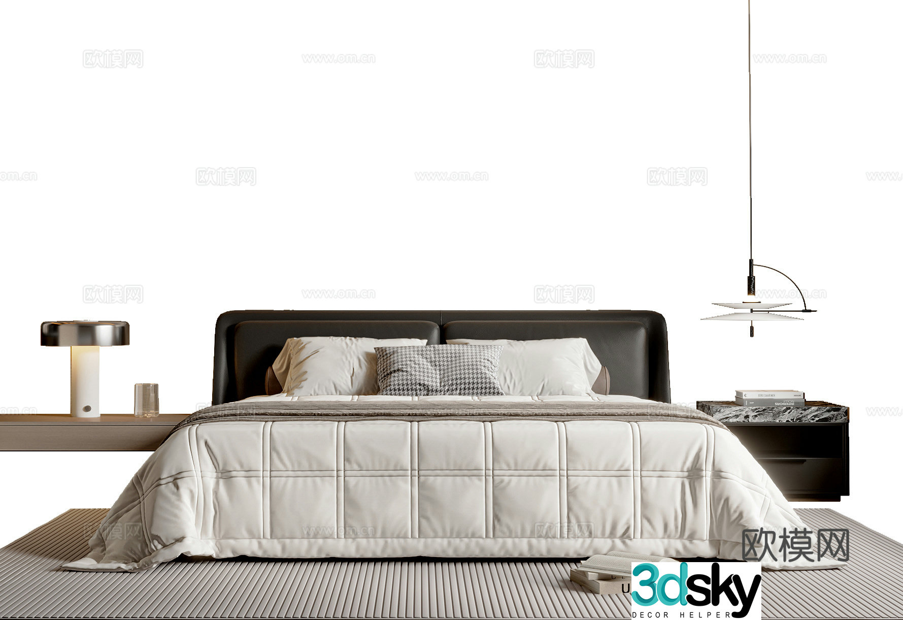 Modern simple double bed fabric bed double bed chandelier table lamp 3d model