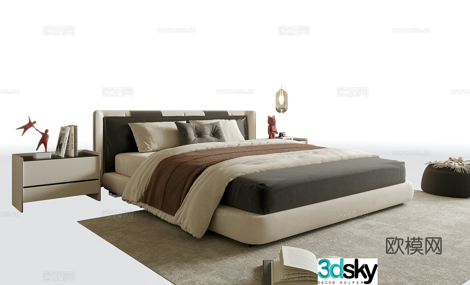 Modern double bed bedside table bedside chandeliers 3d model