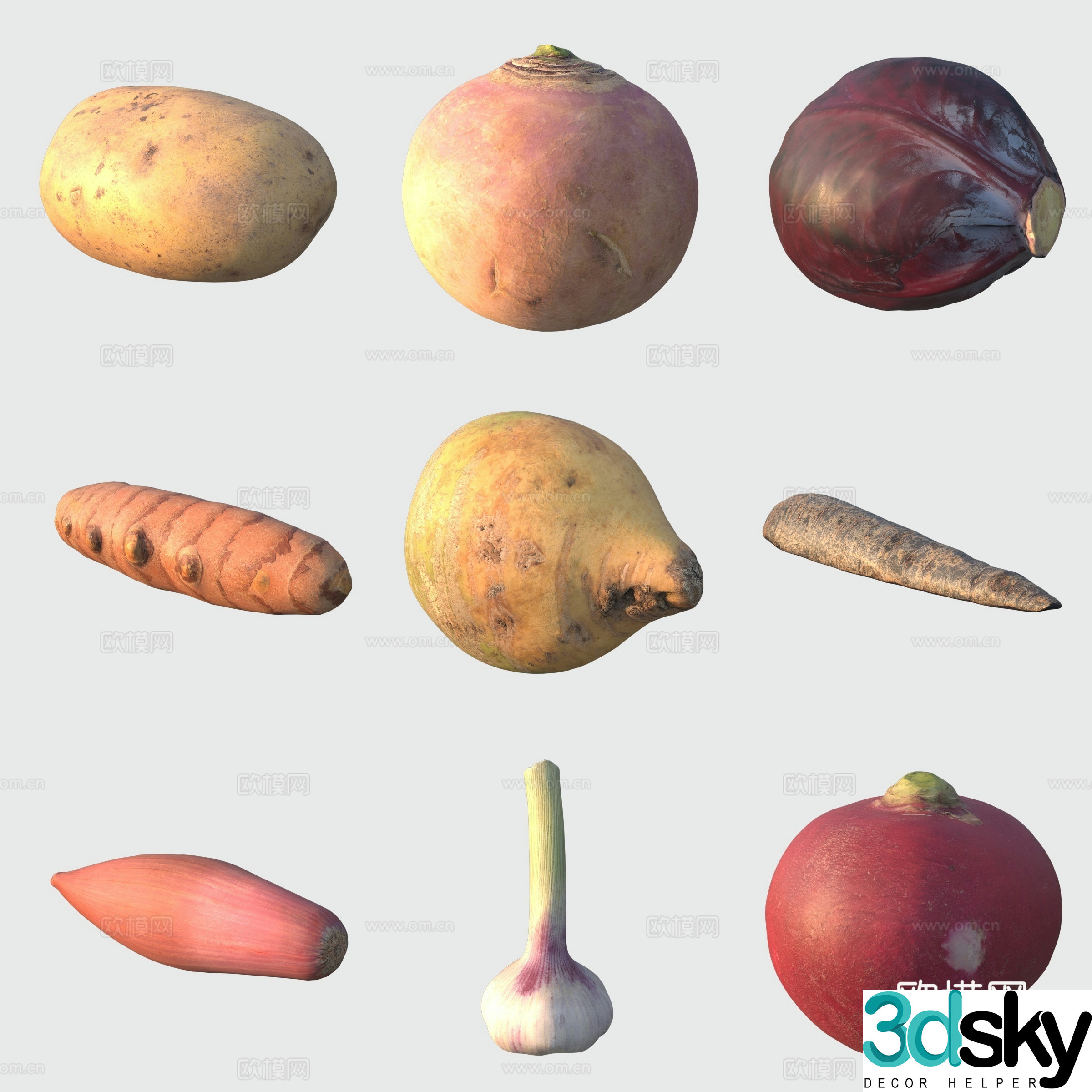 Vegetables potatoes radish onion garlic purple cabbage 3d model