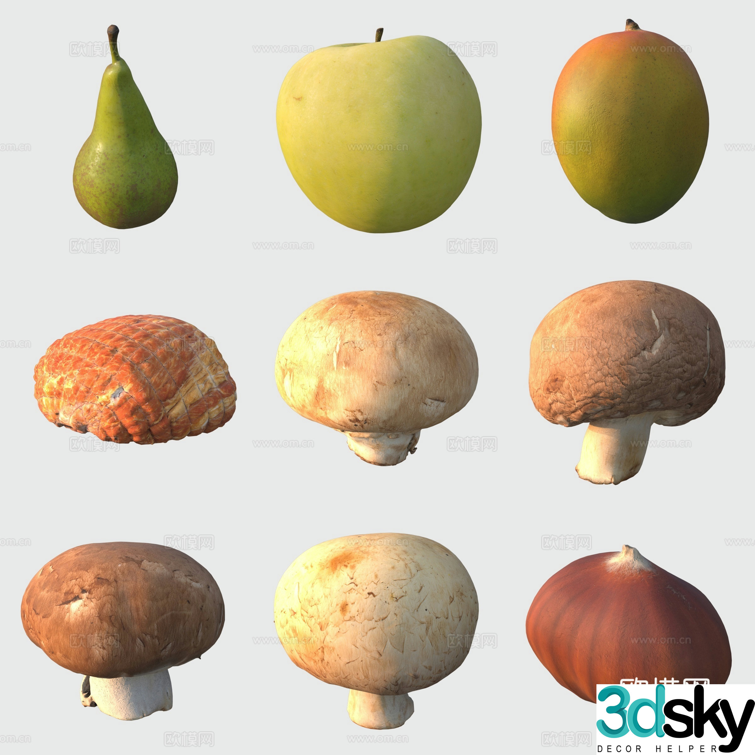 Fruit green apple pear green apple mushroom shiitake mushroom chestnut 3d model