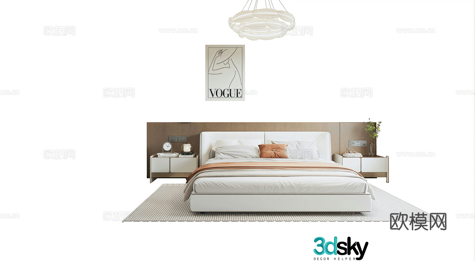 Modern double bed chandelier bedside table decorative painting 3d model
