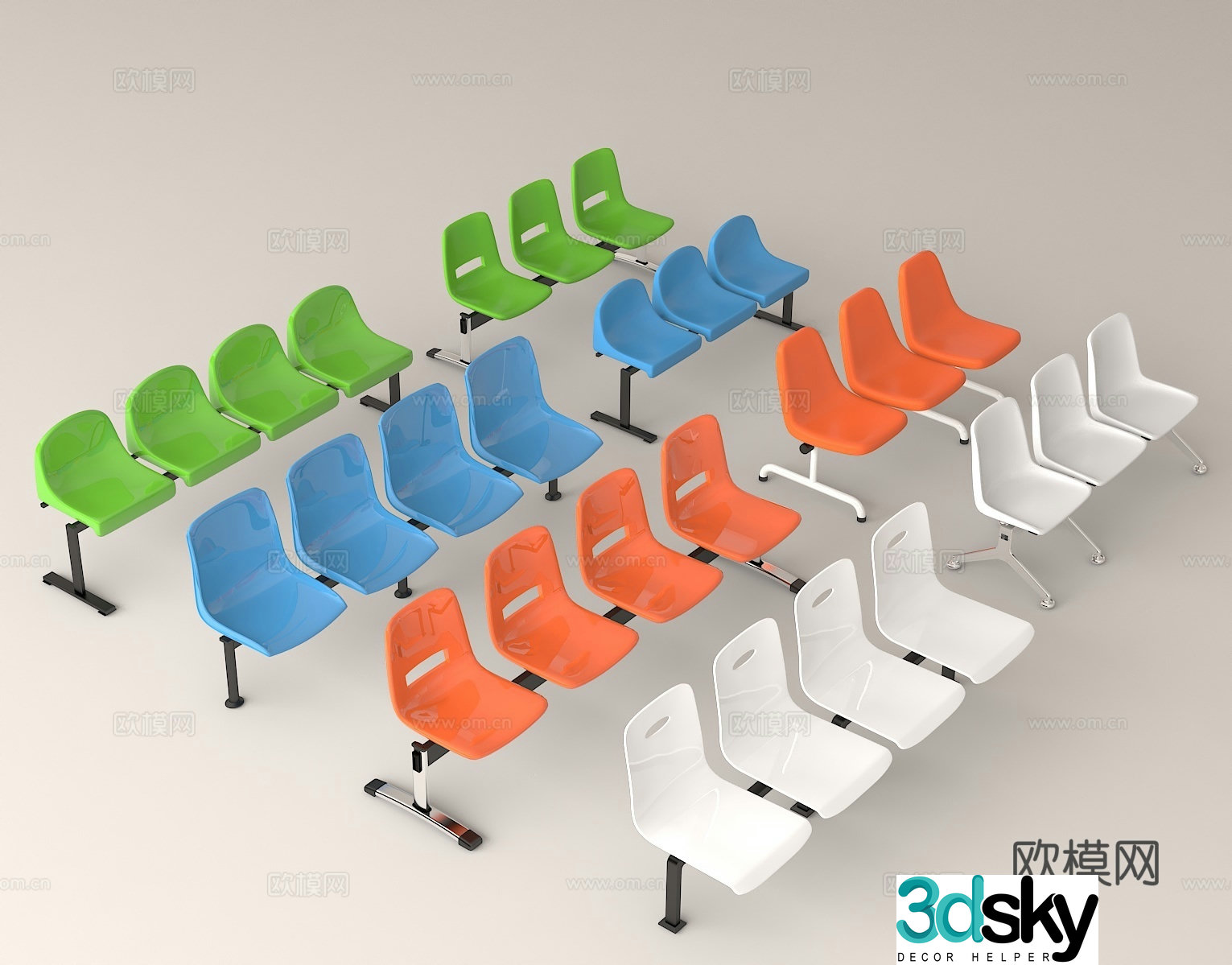 Indoor and outdoor plastic metal bracket public seat row chair 3D model