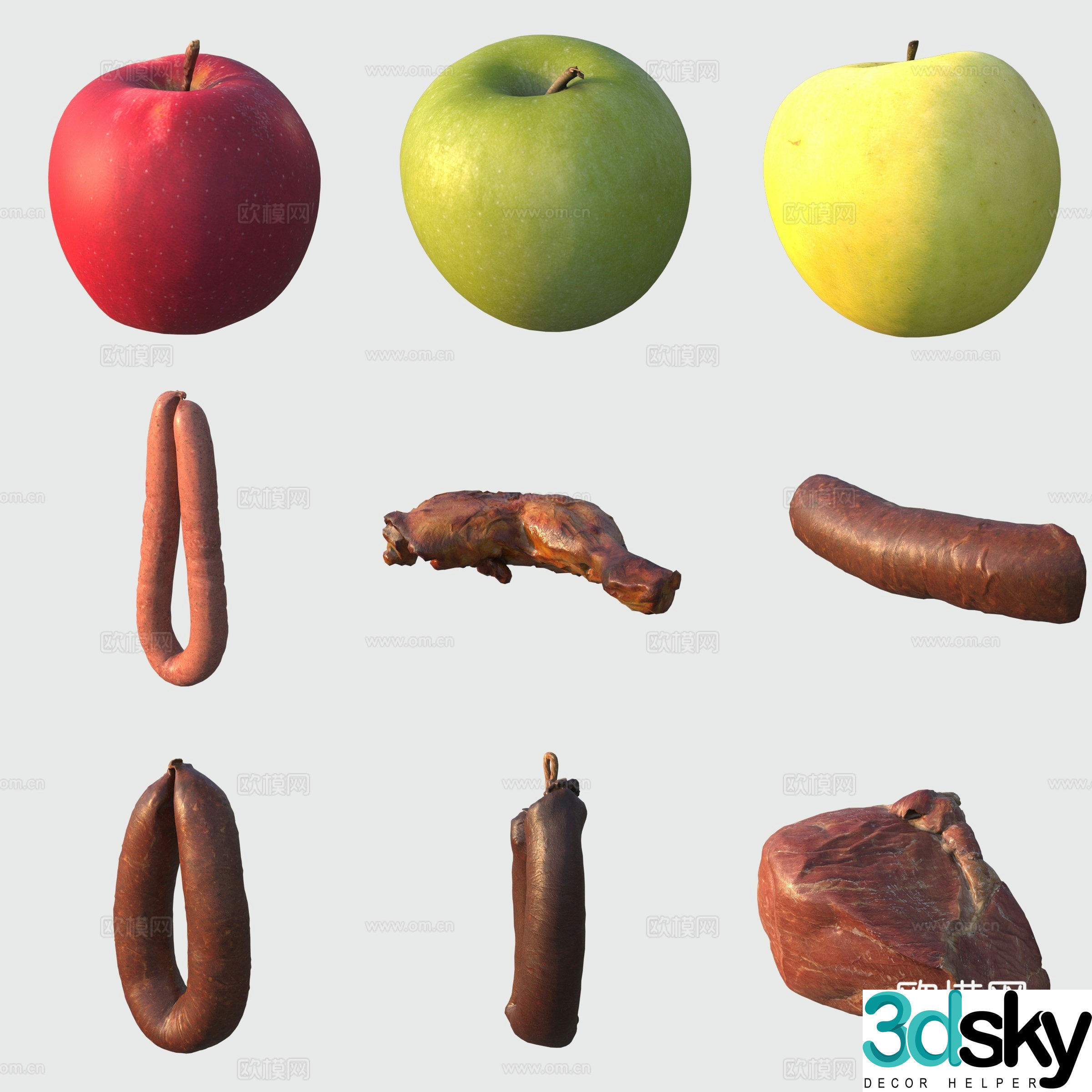 Food Apple Smoked Sausage Sausages Bacon 3D Model