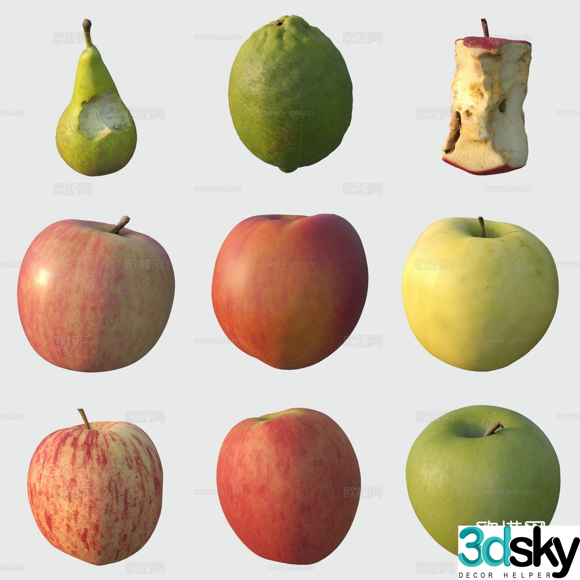 Fruit bitten apple pear green apple lemon 3d model