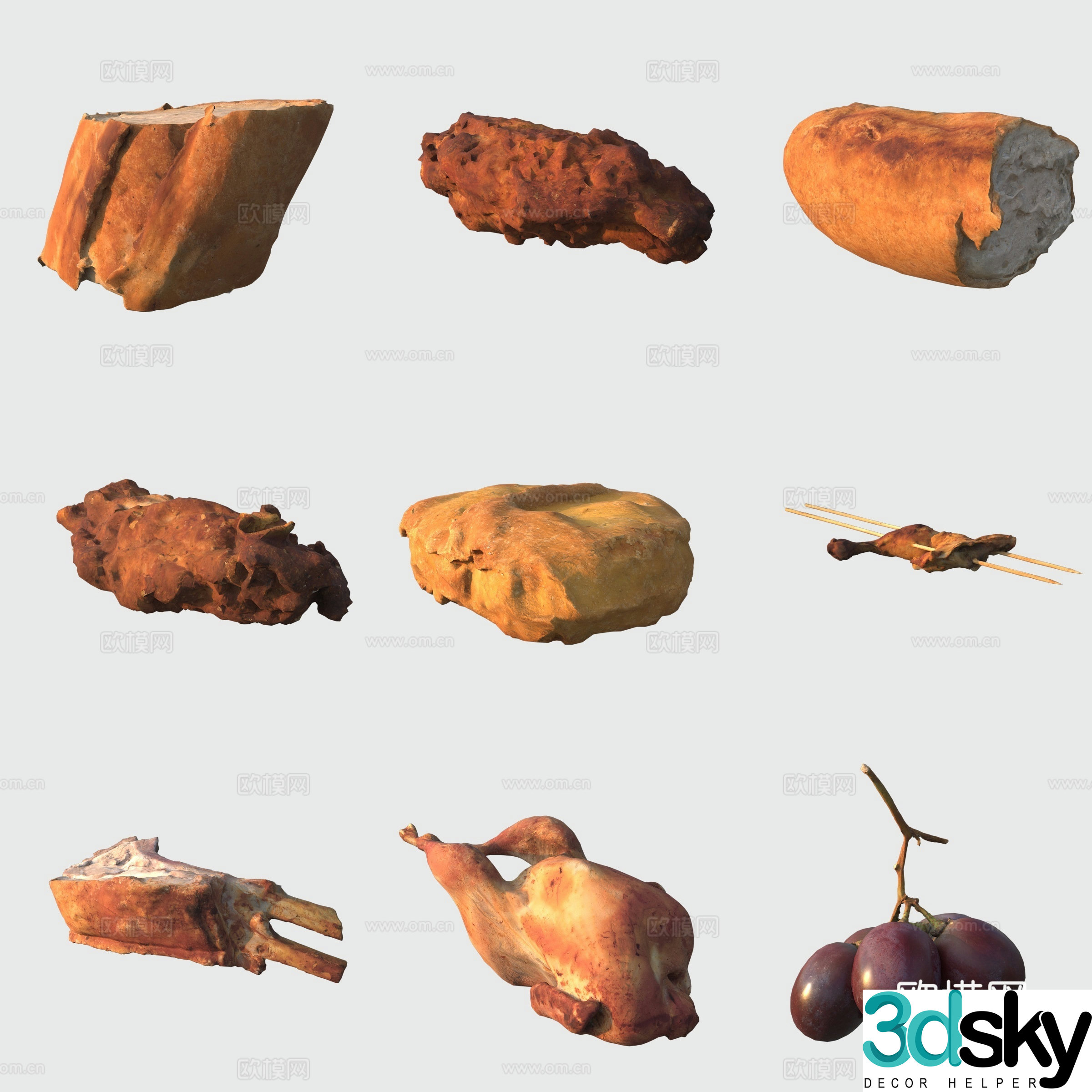 Food sausage sausage sausage bacon chicken legs roast chicken grape 3d model