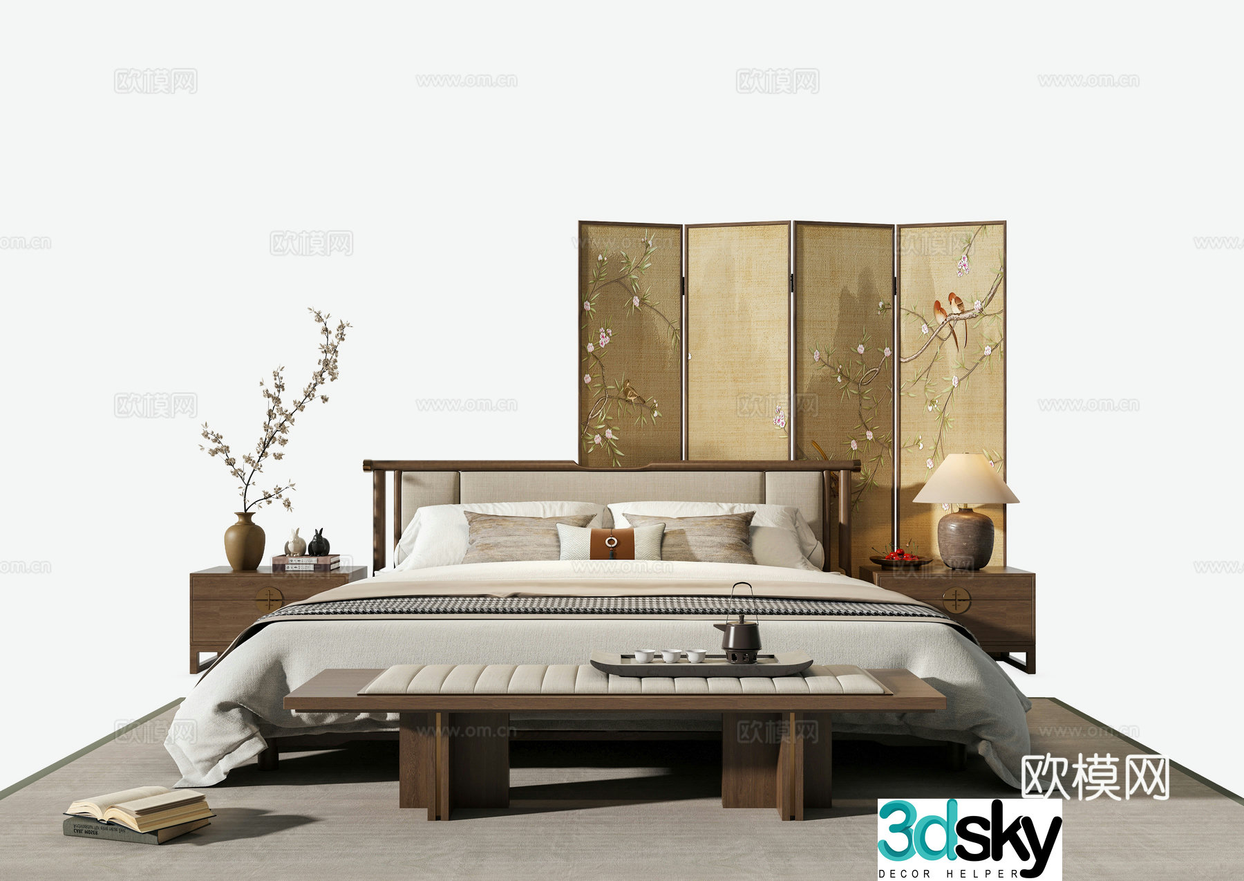 Zen New Chinese Style Bed Bed Combination Song Dynasty Aesthetic Furniture Fabric Double Bed Song Style Screen 3D Model