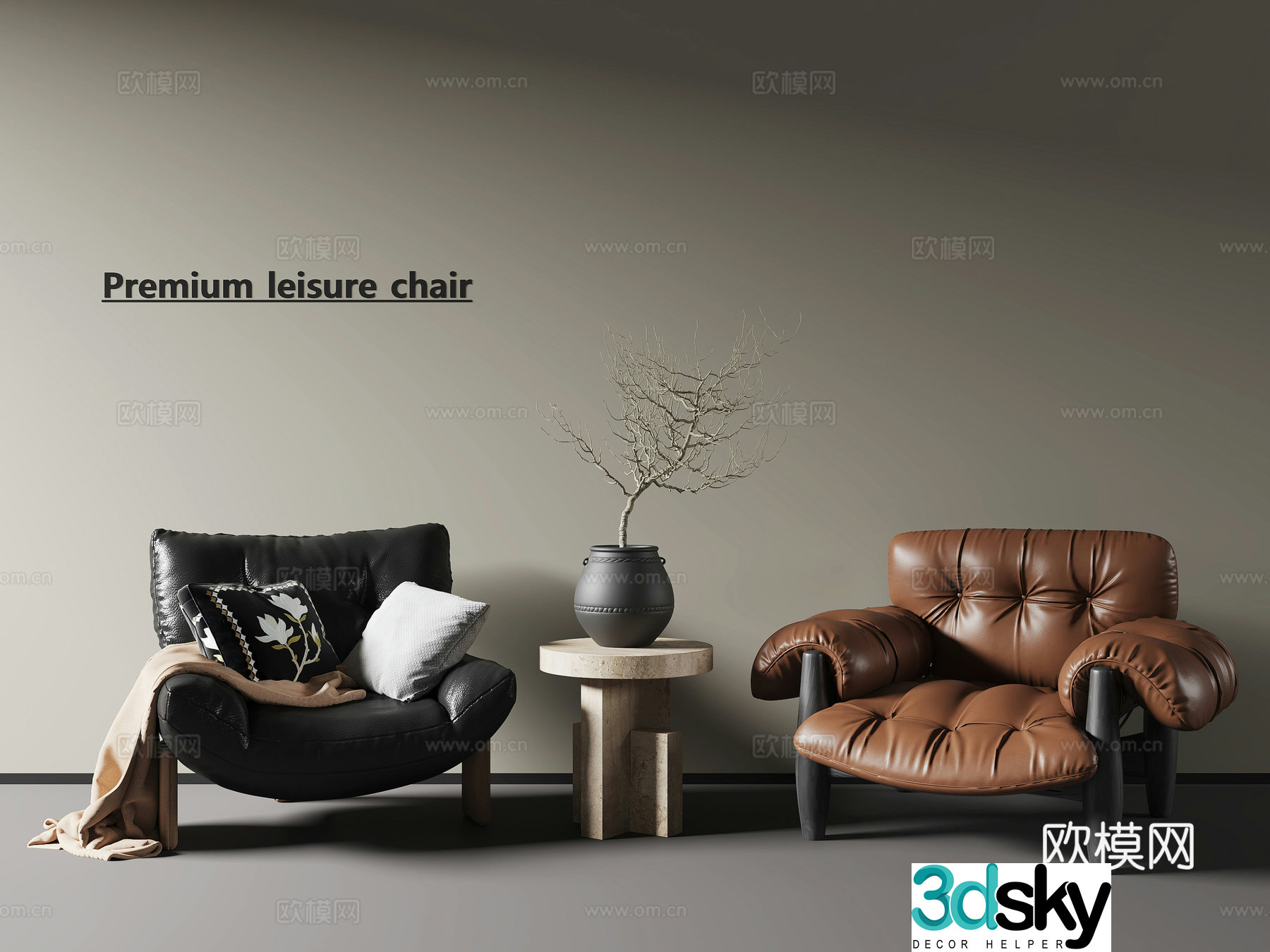 Medium style leather leisure chair side table 3d model ornament