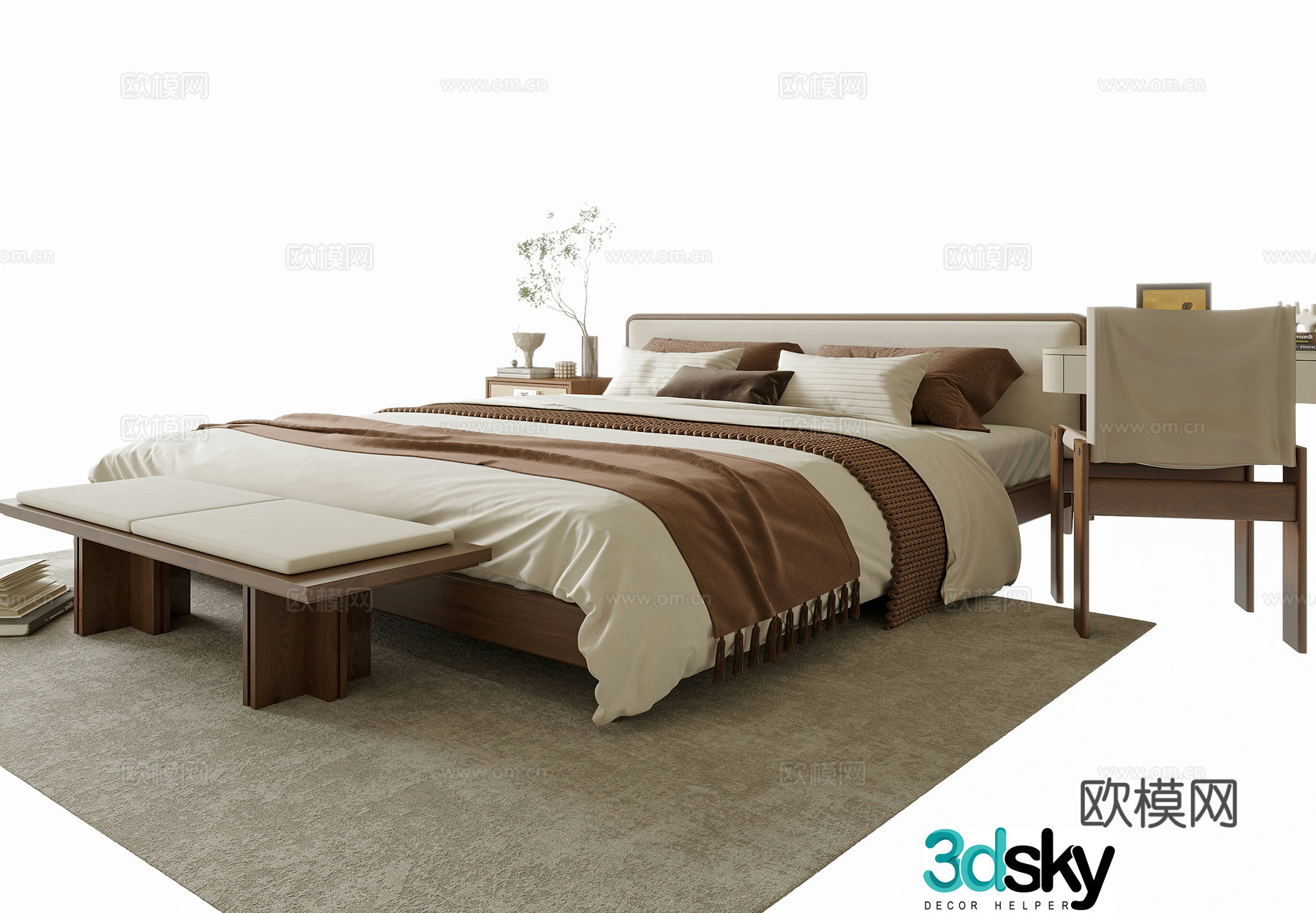 Modern double bed bed tail stool bedside table leisure chair 3d model