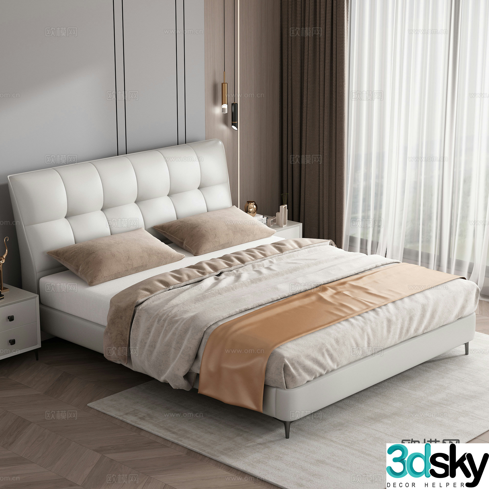 Double bed leather soft bag double bed light luxury master bedroom bed Italian minimalist leather bed bedroom 3d model
