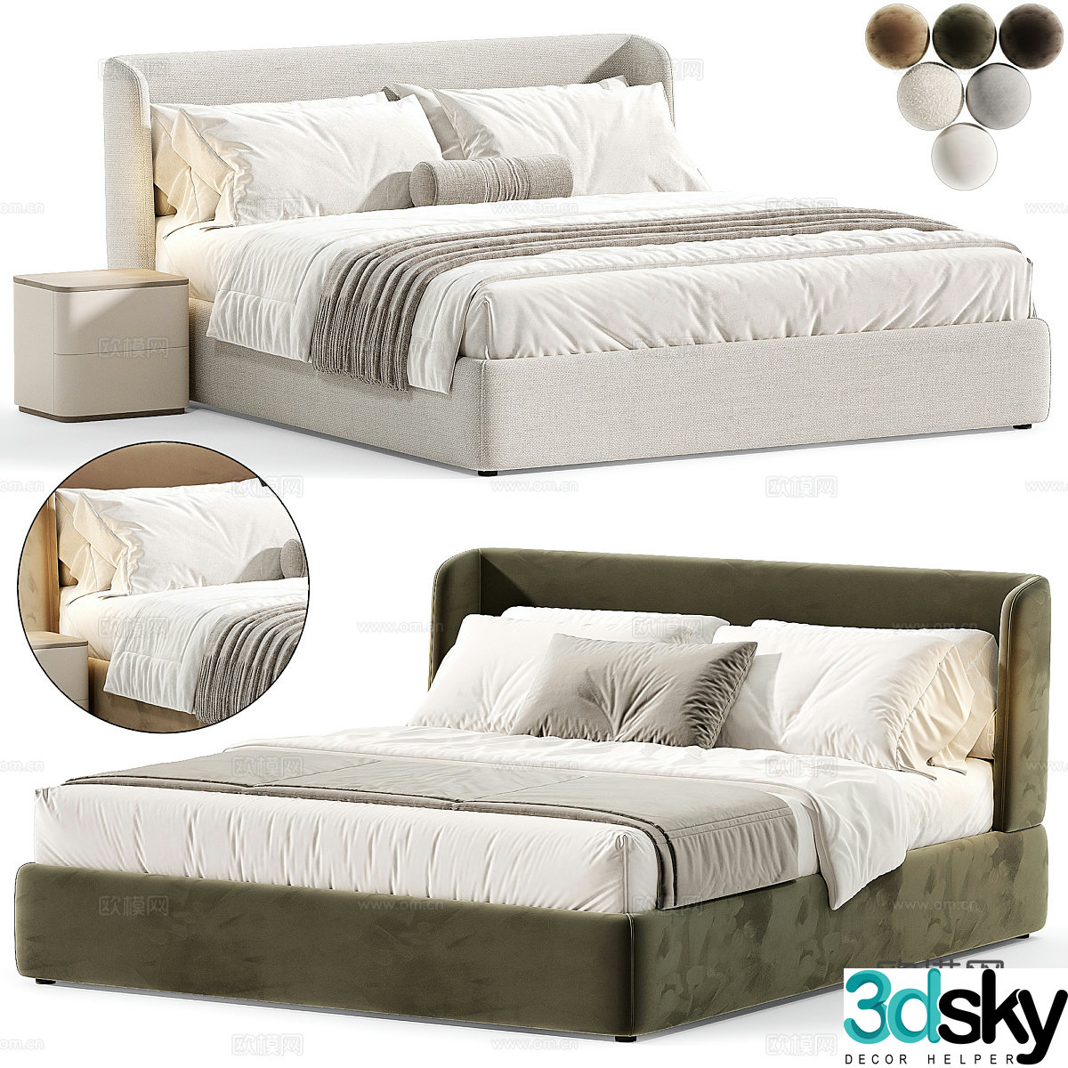 Modern cream style fabric double bed 3d model