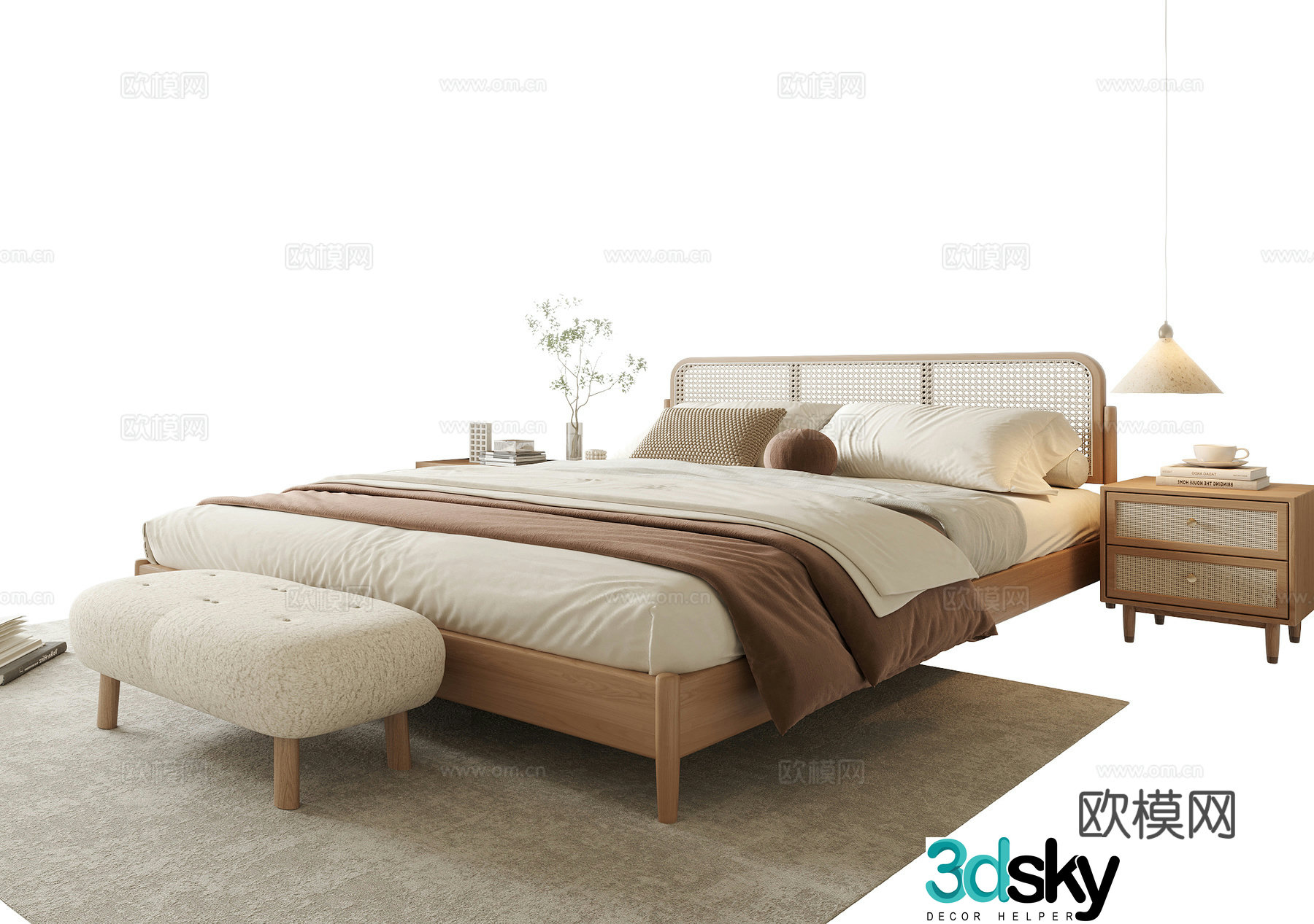 Modern double bed nightstand bed tail stool 3d model
