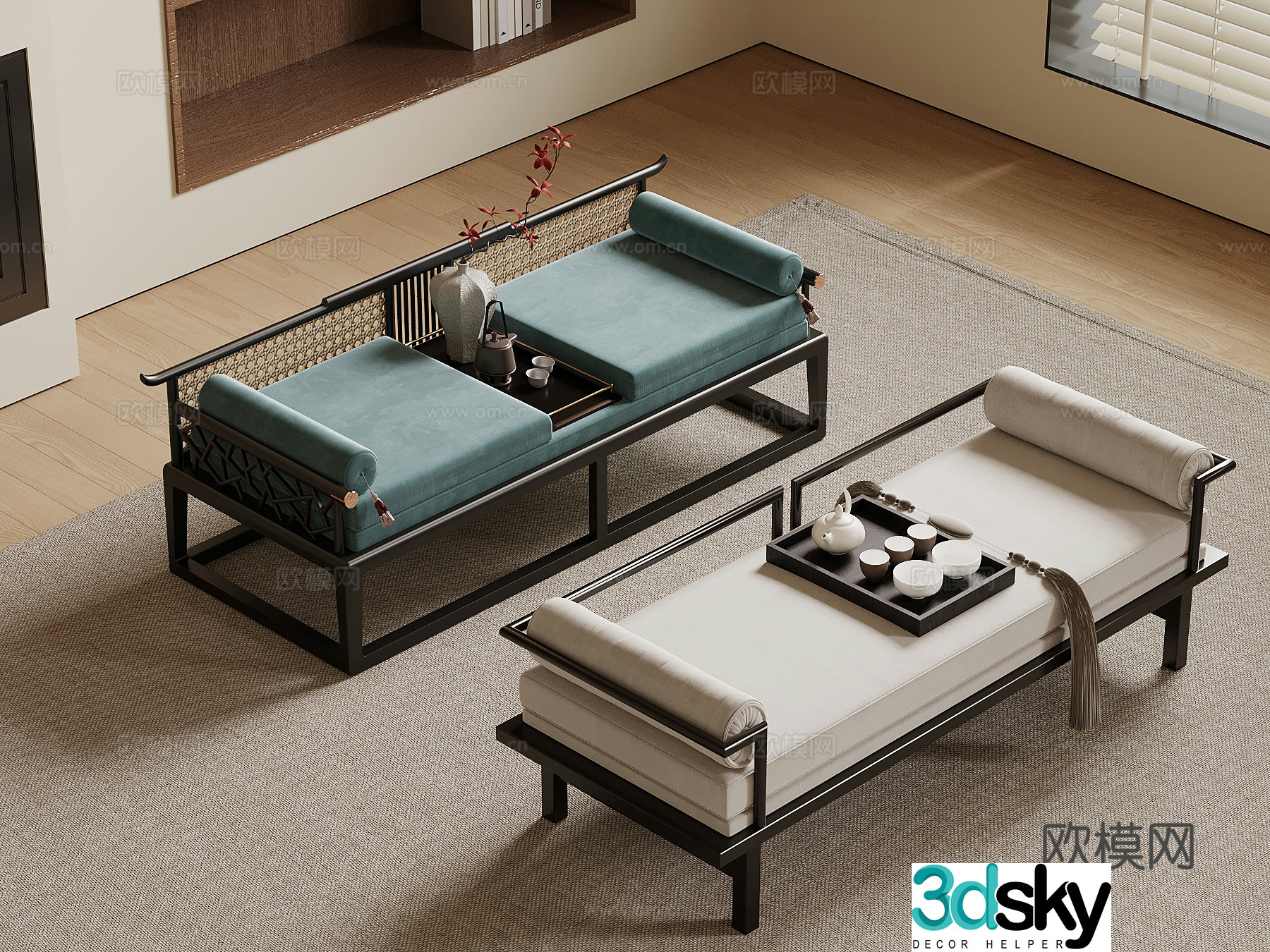 Bed tail stool New Chinese style bed stool 3D model