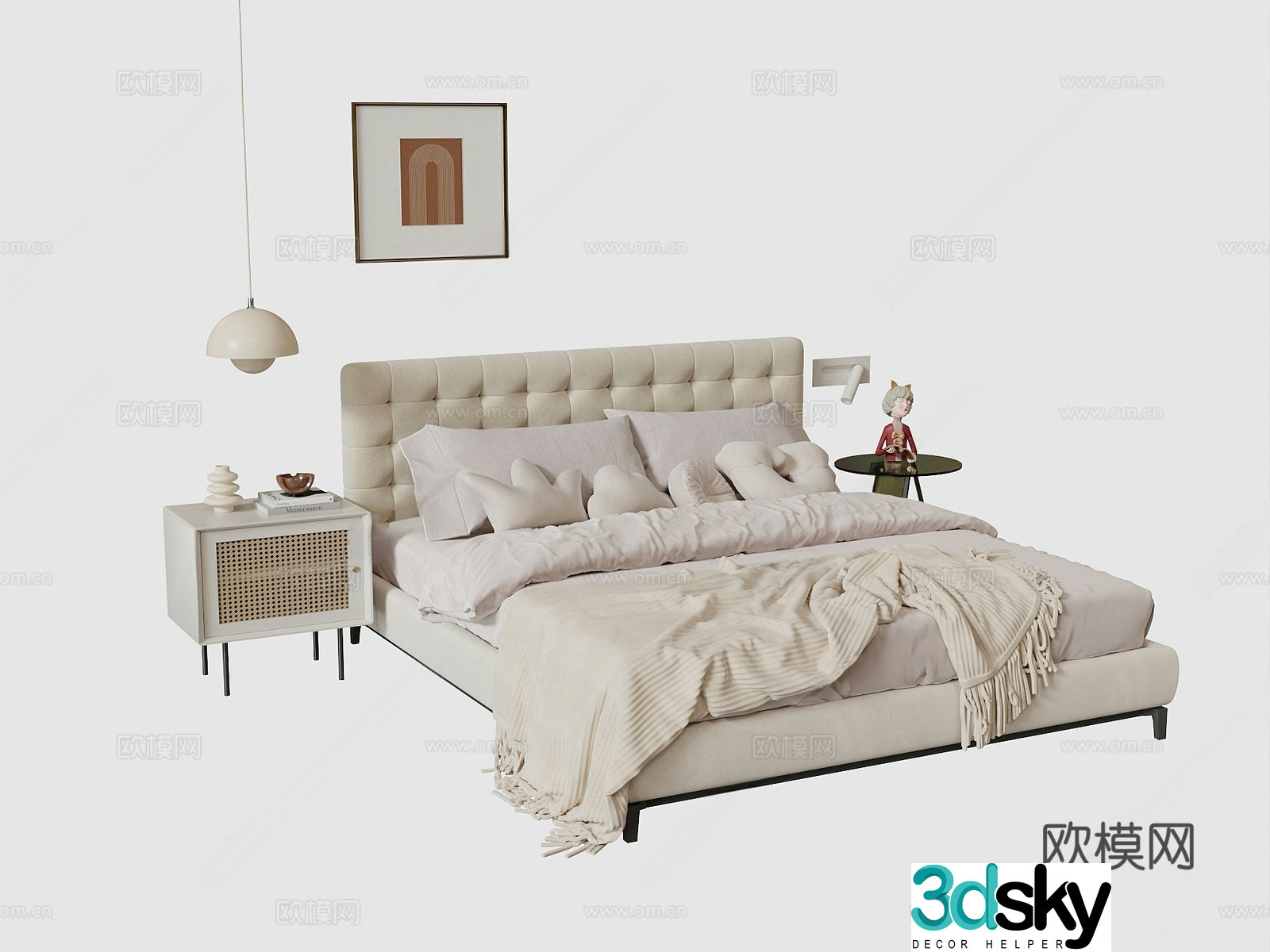 Modern double bed decorative painting with bedside backrest 3d model