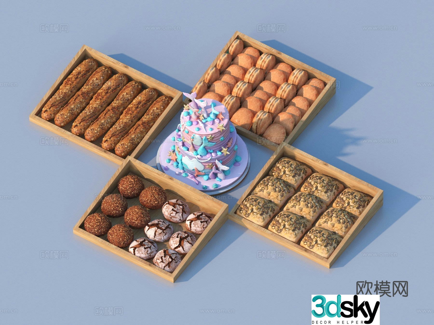 Bread Birthday Cake Pastry Food 3d Model
